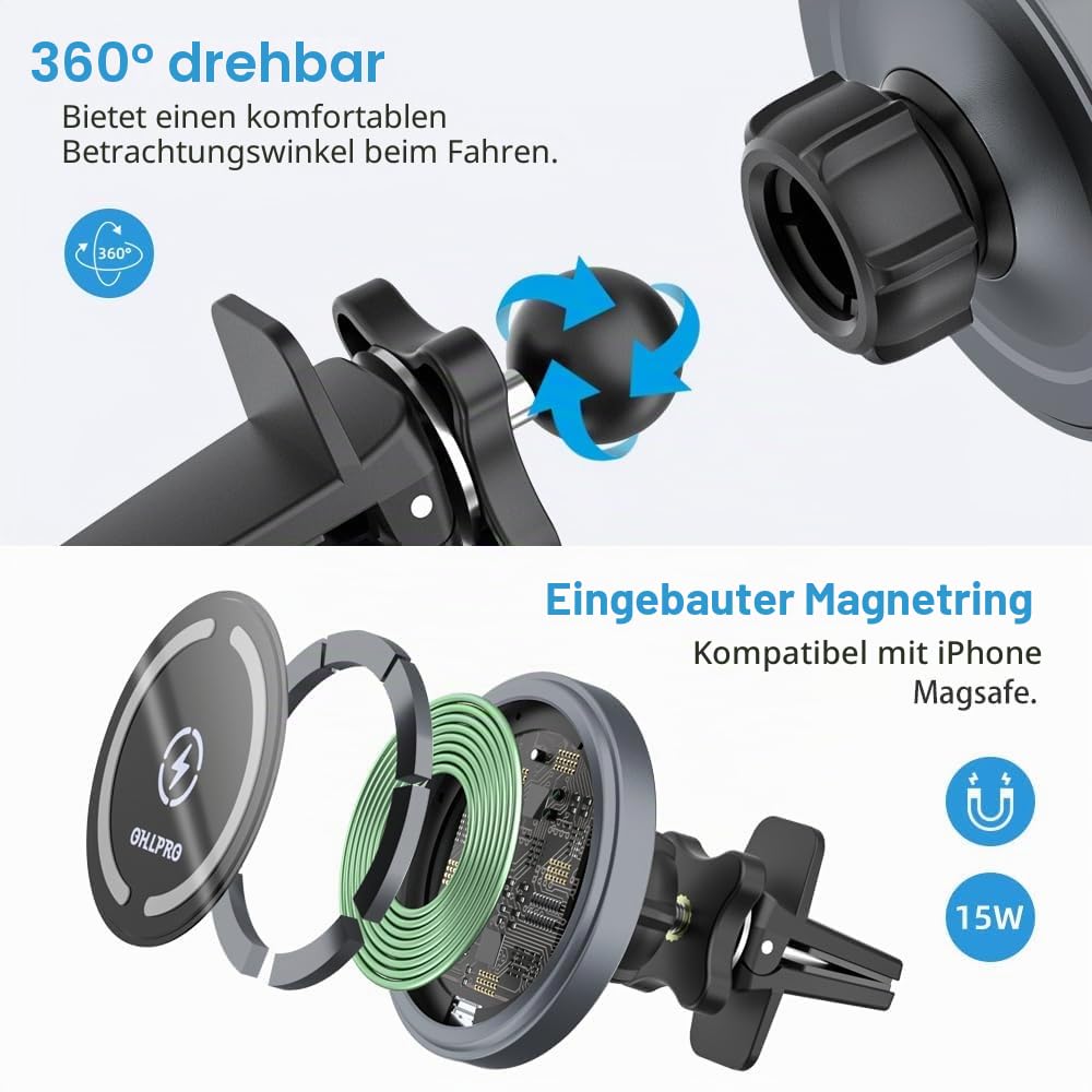 OHLPRO MagSafe Kfz-Ladehalterung, 15 W QC 3.0 Schnellladung für iPhone 17 Pro Max, Pro, Plus, 16, 15, 14, 13, 12 Serie, Selbstklebende Handyhalterung für Armaturenbrett und Lüftungsschlitze