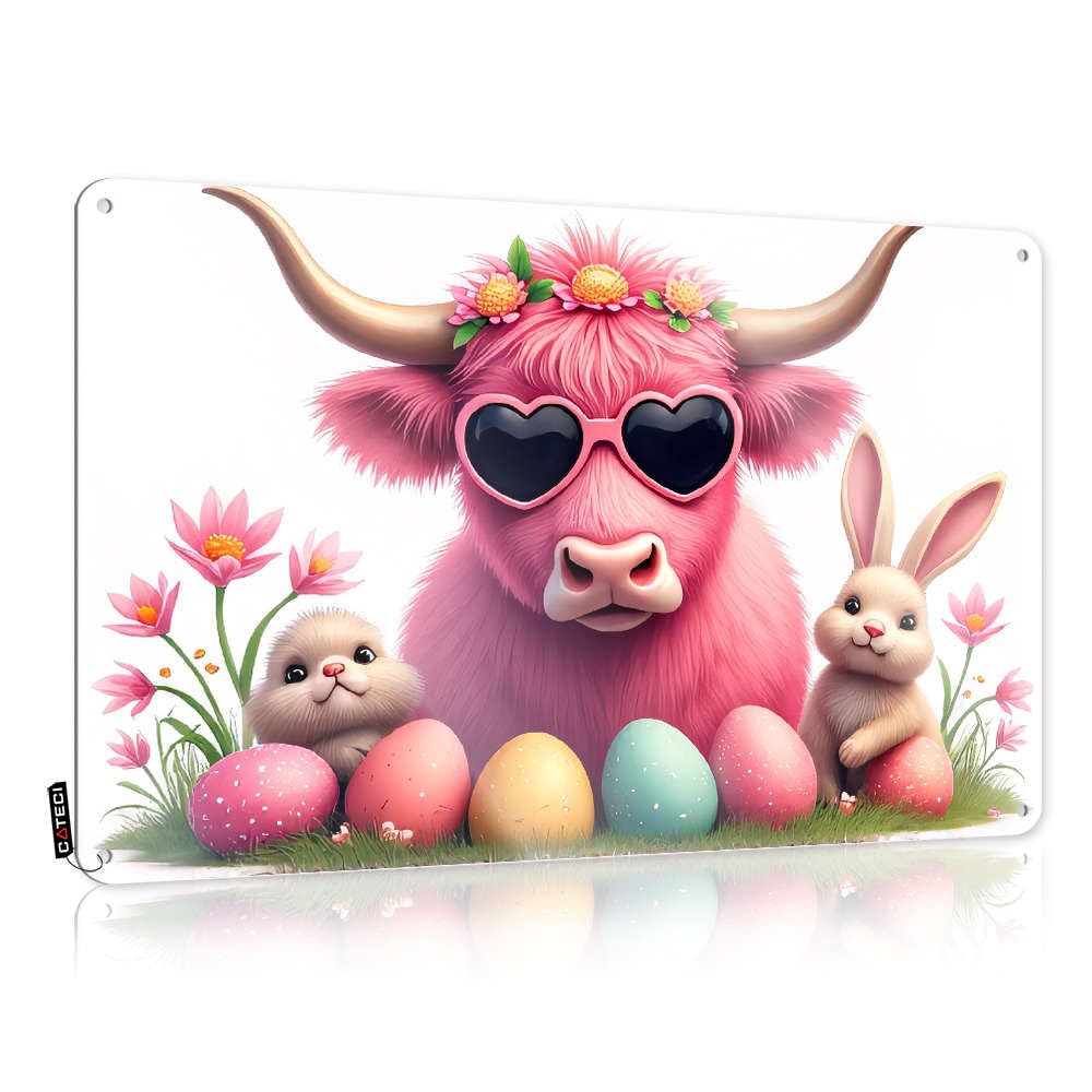 Tin Sign Danger With Guns Folded Edge & Country Decor Flat Print | Rustic Horseshoe Wall A Pink Cow Flowers On Its Head, Wearing Sunglasses - Funny Garden Signs Plaques