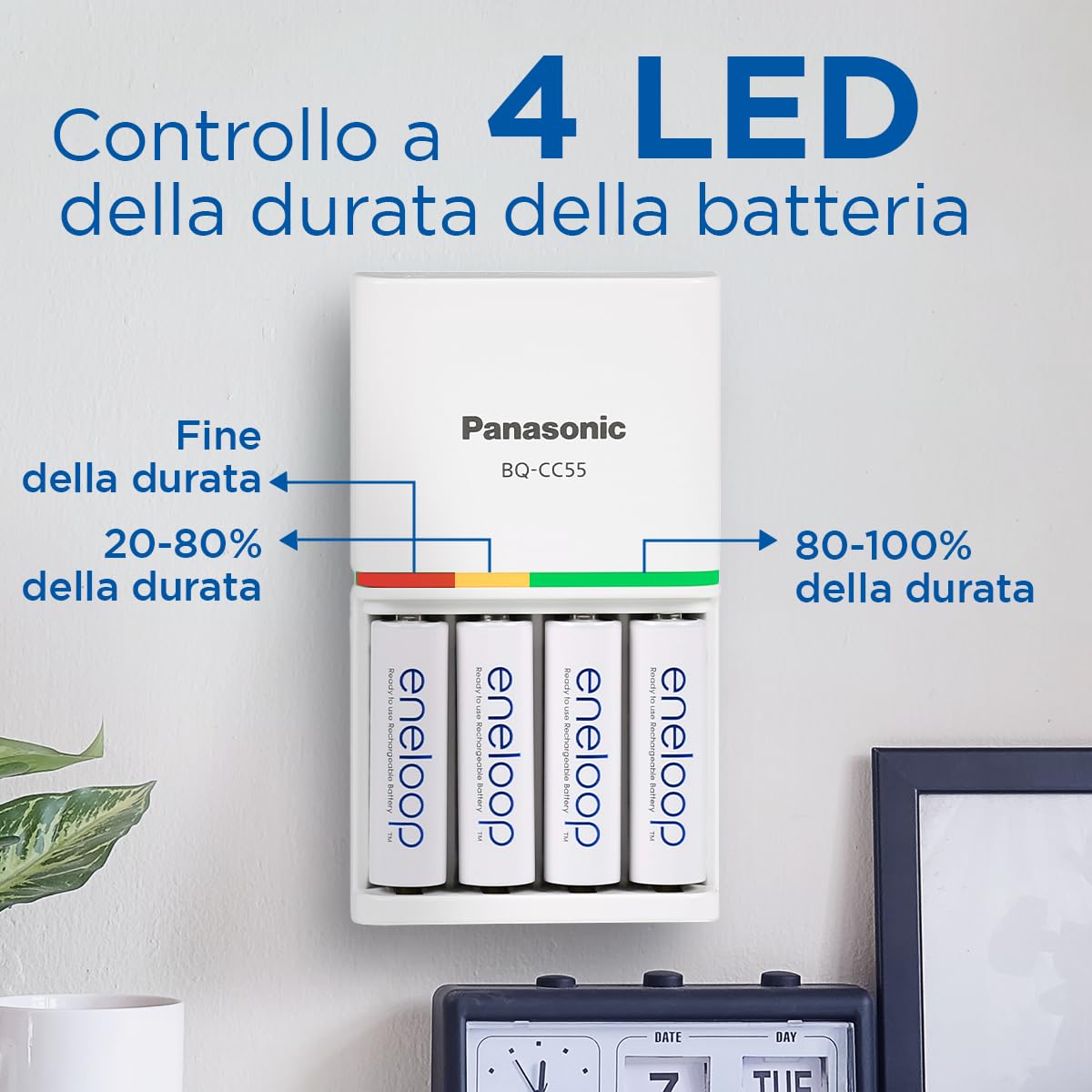 eneloop Caricabatterie SmartPlus per Batterie AA/AAA Ni-MH, Include 4 Batterie AA 2000mAh, Ricarica Rapida 1,5 Ore, con LED e 10 Funzioni di Sicurezza