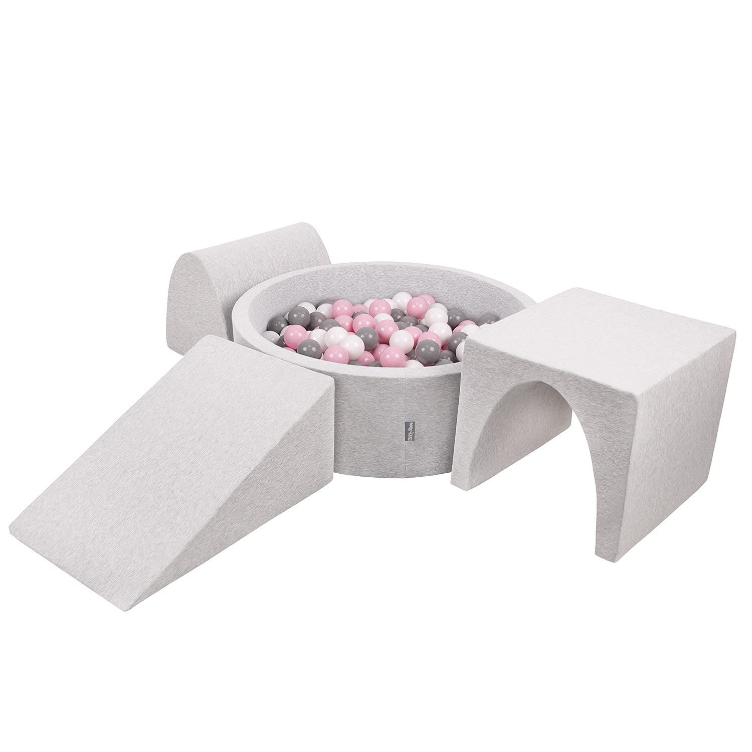 KiddyMoon Foam Playground For Kids With Round Ballpit (300 Balls) Obstacle Course, Lightgrey:White/Grey/Powderpink โ image 1