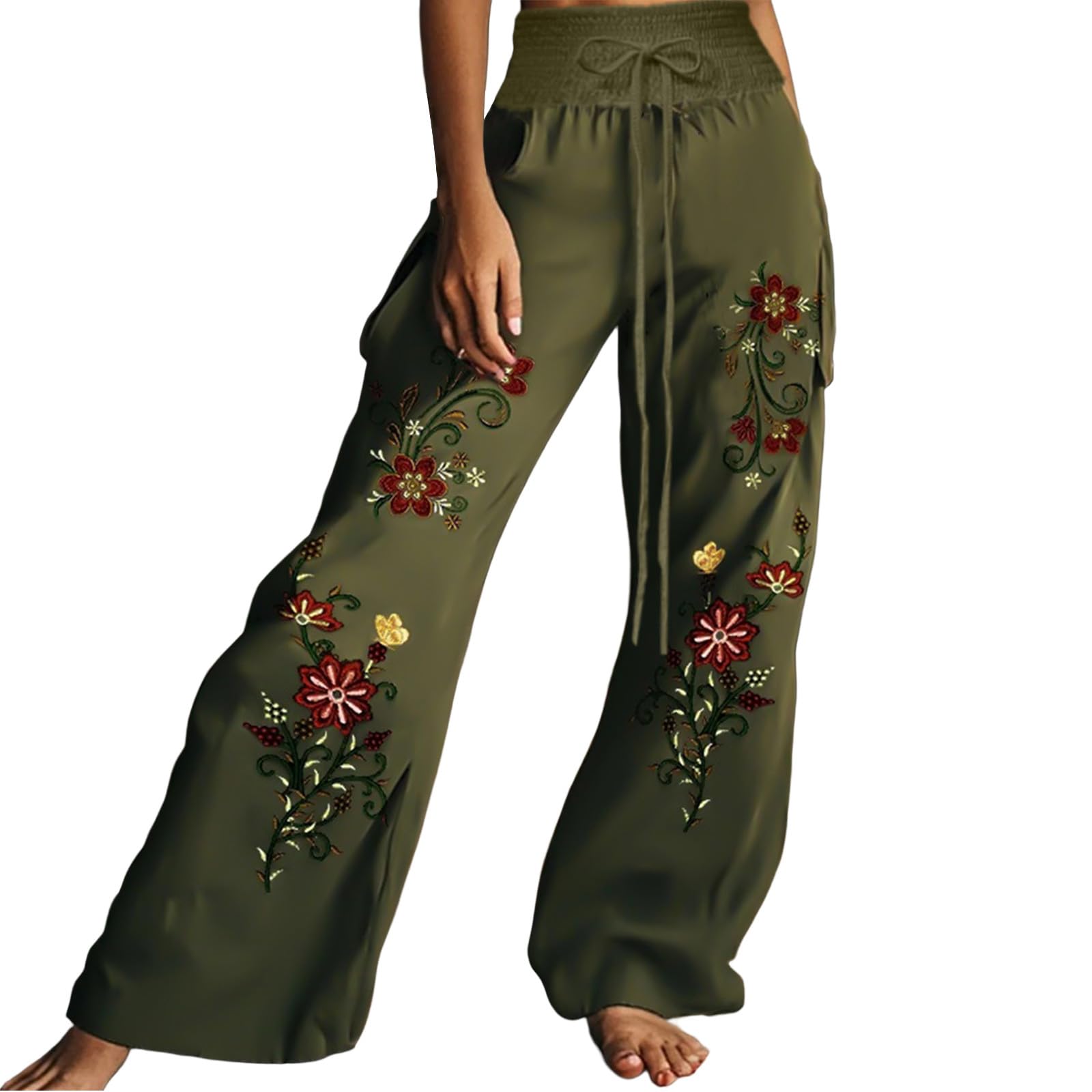 Women Palazzo Pants High Waist Plus Size Wide Leg Summer Fall Boho Travel Lounge Pant Drawstring Print Beach