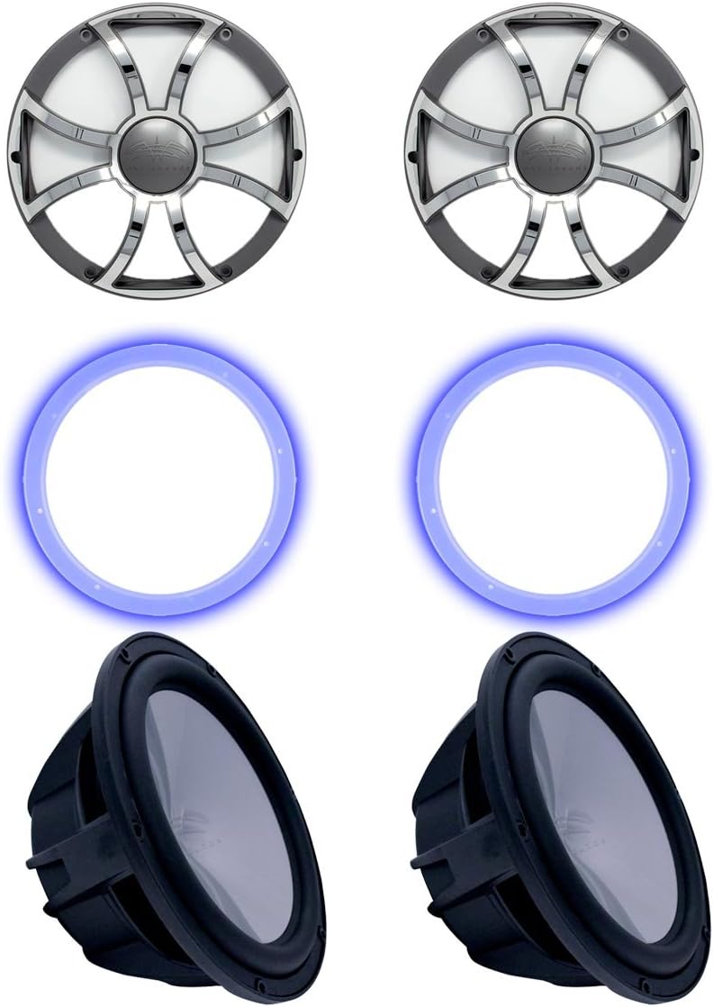 Wet Sounds Two Revo 10" Subwoofers, Grills, & RGB LED Rings - Black Subwoofers & Gunmetal Steel Grills - 4 Ohm