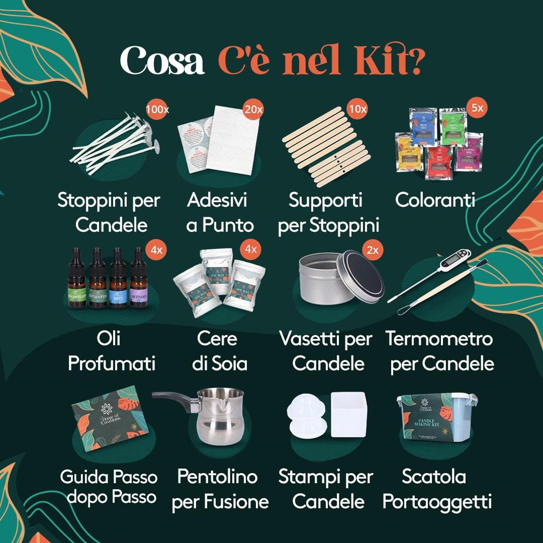 Kit Candele DIY con 1 kg Cera di Soia e Stampi | 1 kg cera di soia, stampi in silicone, aromi lavanda, vaniglia e agrumi, pigmenti e guida per candele DIY