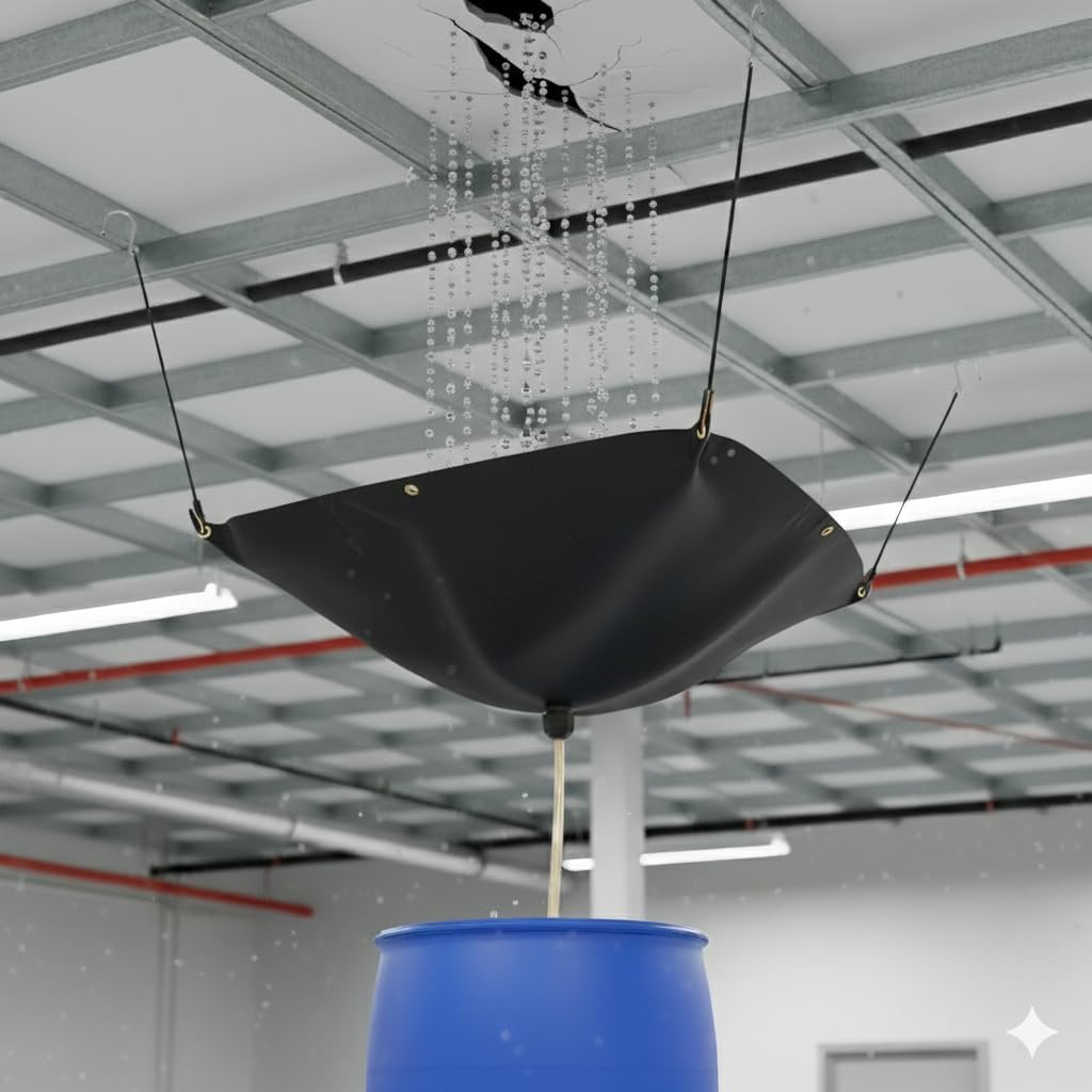 MOOFI Ceiling Roof Leak Drip Diverter Tarp Heavy Duty Ceiling Leak Diverter Rain Drain Tarp with Drainage Black 5' x 5'