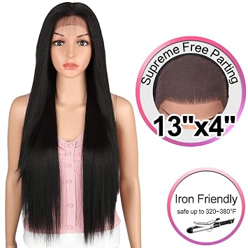 Joedir 30" Long Straight Wig Supreme Free Parting Lace Frontal Wigs With Baby Hair High Temperature Synthetic Wigs For Women 180% Density Ombre Color Wigs 250g1B