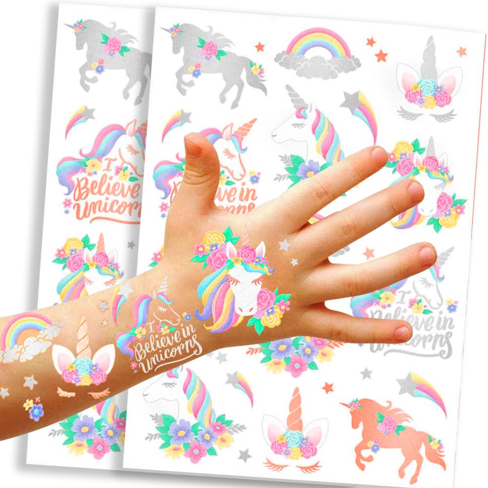 55PCS Unicorn Party Favors - Temporary Tattoos, Cute Party Favors & Decorations, Perfect for Birthday Parties, School Prizes, Girls Garden Accessory and Themed Gifts for Boys & Girls (2 sheet)
