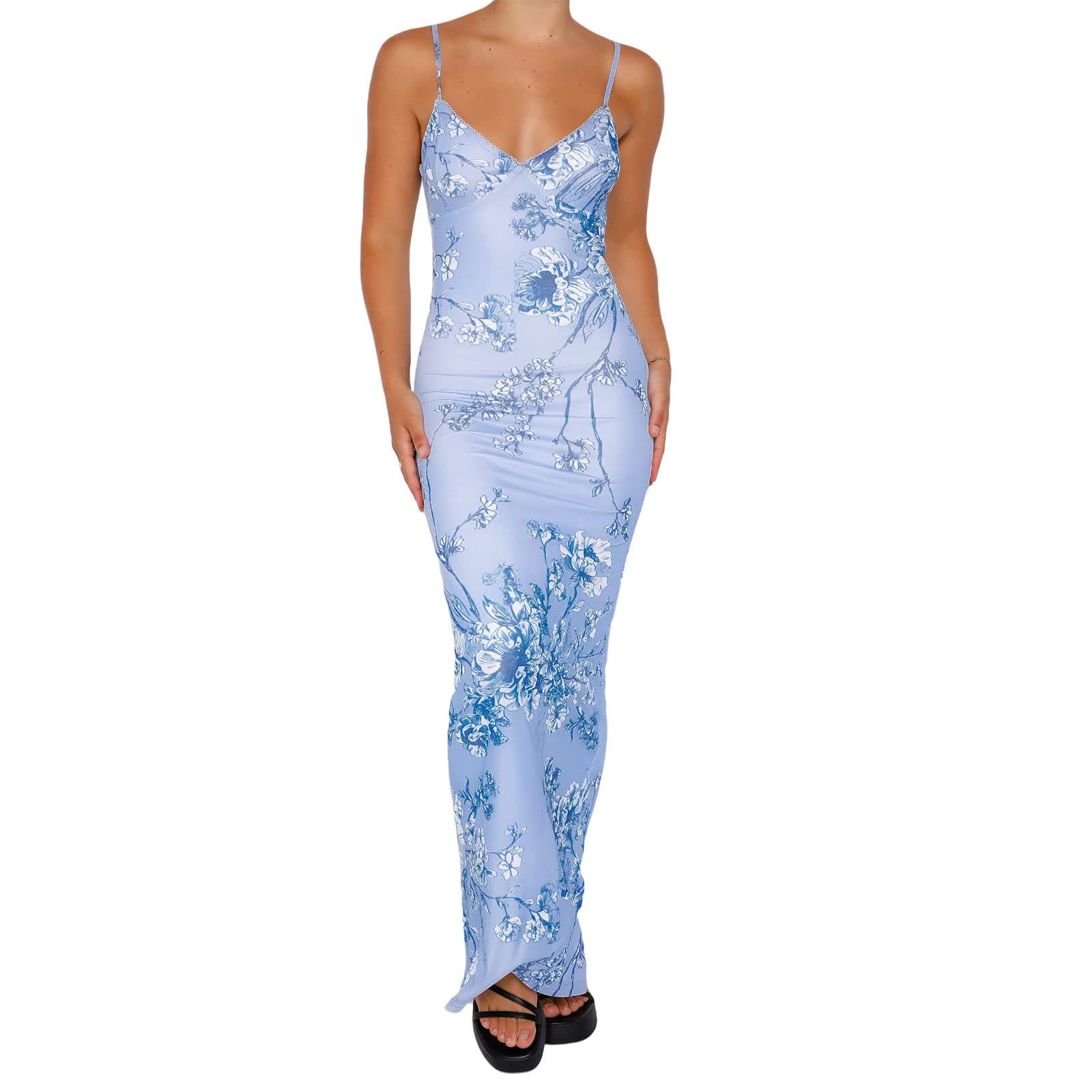 ZJLJAYCHOUWomen's Sexy Spaghetti Strap Maxi Dress Summer Sleeveless Backless Print Long Dress Club Party Streetwear