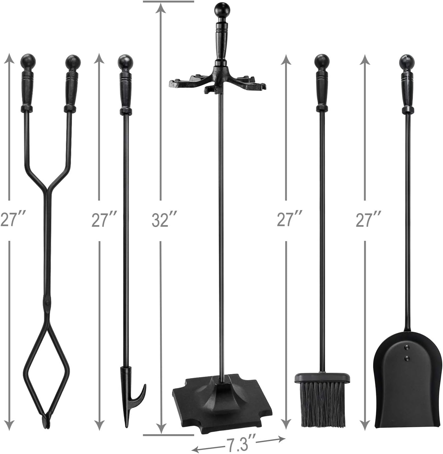Get Cheap Price WBHome Fireplace Tools Set 5 Pieces Wrought Iron Fireset Fire Pit Poker Wood Stove Log Tongs Holder Fireplace Tool Set With Pedestal Place, 32 Inch (Black All)