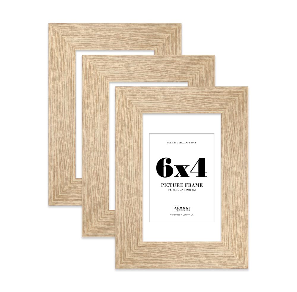 6x4" Oak Frame With Mount for 4x3" Pictures 28mm Edge Portrait and Landscape Display with Wall Hooks and Kickstand, 3 Pack