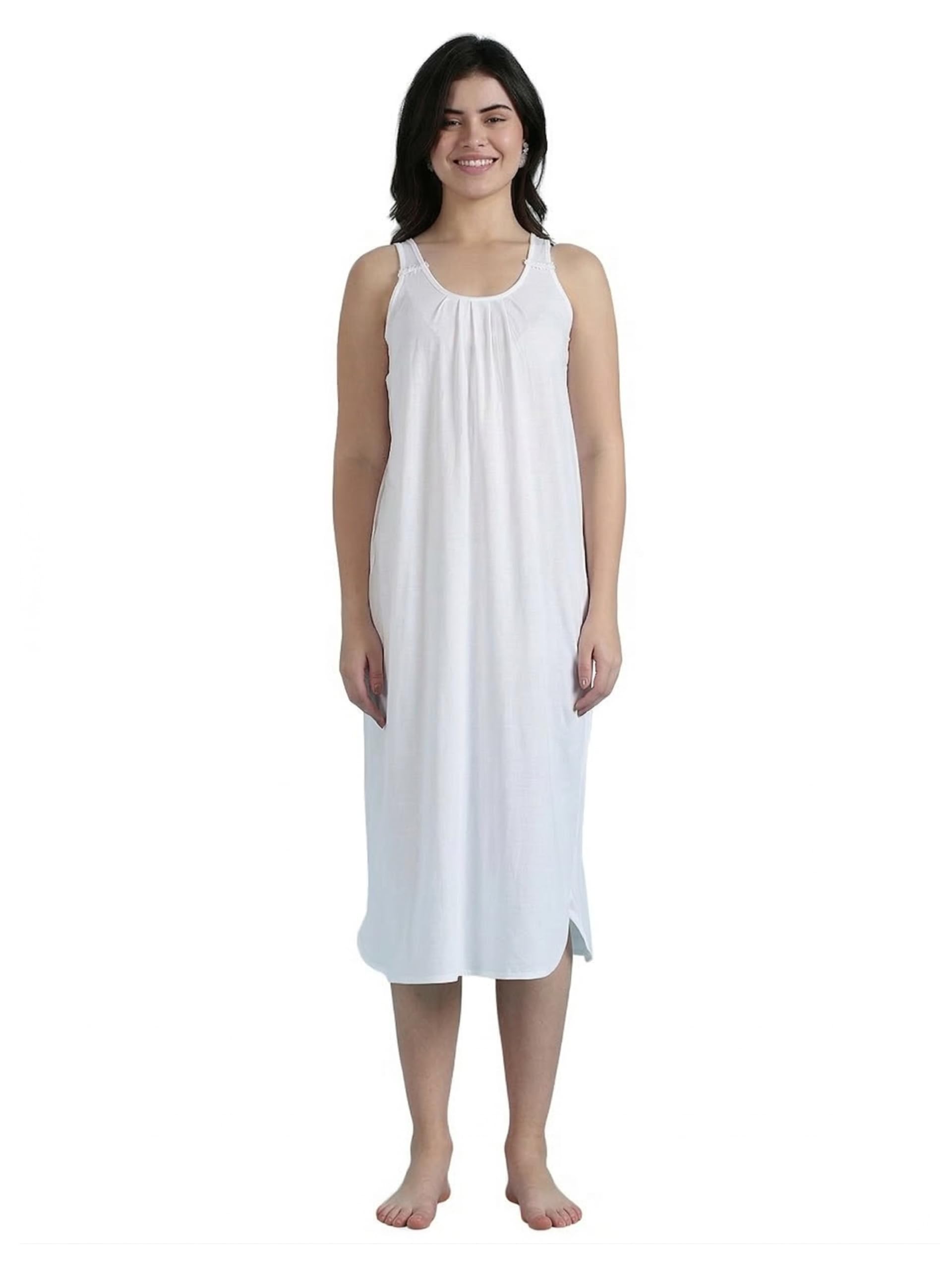 Women’s Solid Hosiery Cotton Slip Nighty Camisole Maxi Nightdress with Apple-Cut Hem & Side Slit | Sleeveless Comfortable Nightwear Dress (Nighty Slip)-image-25