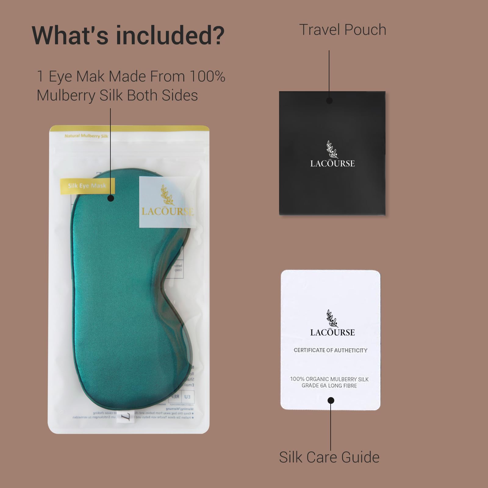 LaCourse 100% Maschera per dormire in seta biologica per dormire con borsa da viaggio. Entrambi i lati in seta 19 momme, regolabile, maschera per gli occhi