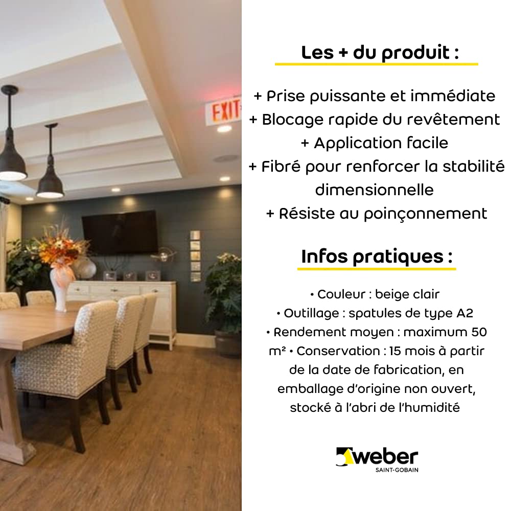 Colle acrylique, 12kg, pour revêtements PVC décoratifs et sols souples, sans solvant, WEBERBOND LVT, WEBER