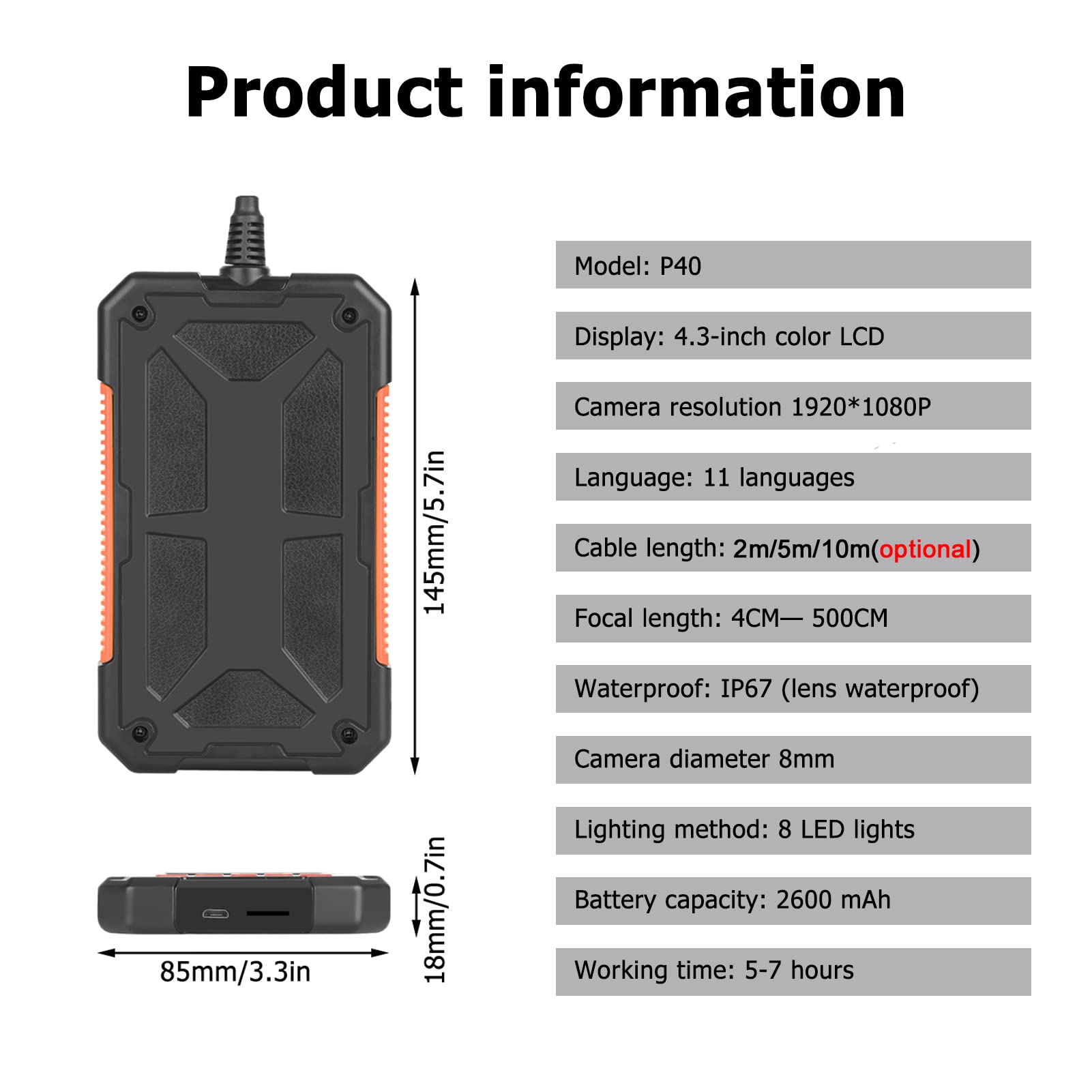 Cyfrowa kamera inspekcyjna, P40 4,3" IPS kolorowy ekran 1080 HD 8 mm kamera endoskopowa, wodoodporna, przemysłowa kamera inspekcyjna (10 m)