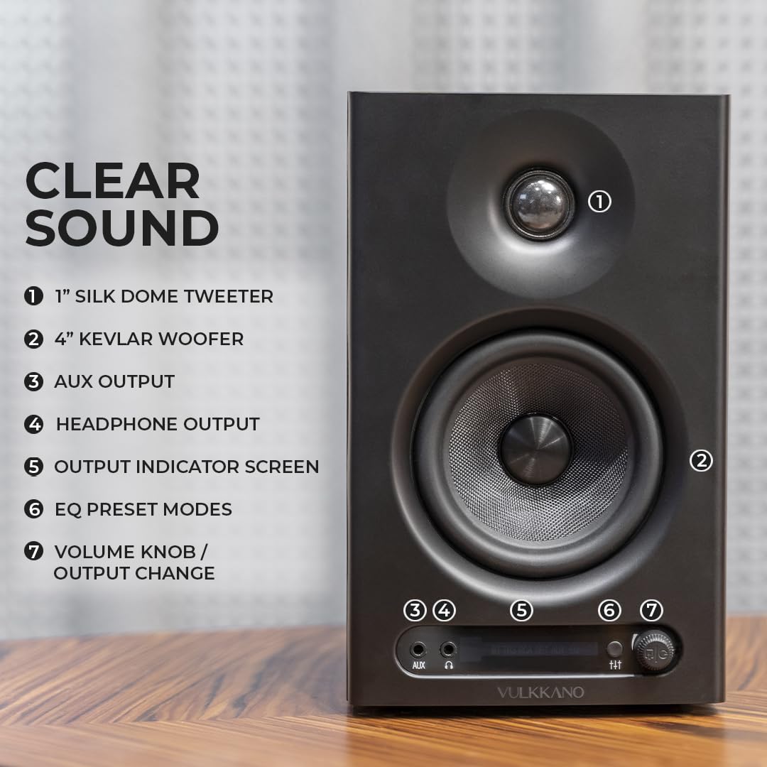 VULKKANO PRO4 Enceinte Monitoring Studio avec Woofer de 4”, Bluetooth, entrée Équilibrée TRS, RCA, Sortie pour Casque, AUX, Optique, réglages EQ, Moniteurs pour Home Studio
