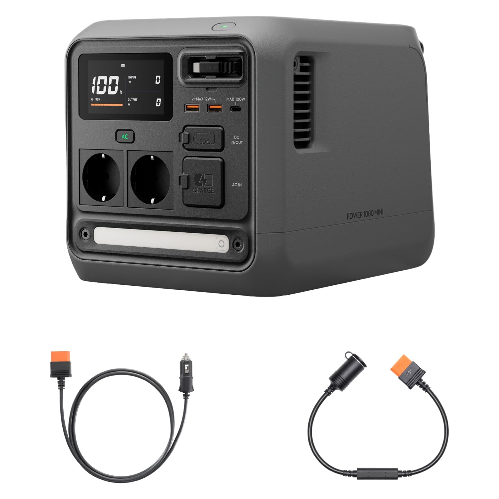 Station électrique portable DJI Power 1000 Mini, batterie LFP de 1 008 Wh, format compact, sortie maximale de 1 000 W, alimentation automobile, câble SDC vers allume-cigare (12 V), camping, road trips