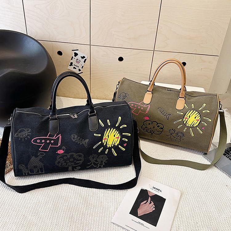 FUNSEED Cute Graffiti Outdoor Travel Bag for Women Men, Storage Bag Large Capacity Leisure Canvas Handbag Luggage Bag Gym Bag (Black)3