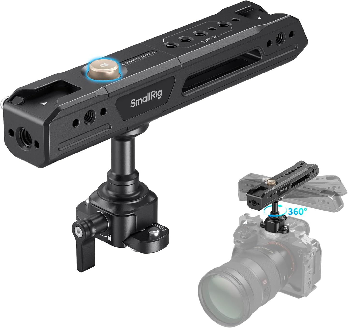 Rotating Top Handle with NATO Clamp, Lightweight NATO Top Handle for Camera Cage, Maximum Capacity 15KG, One-Key Rotation 360°, with Cold Shoe Mount & 1/4''-20 Threaded Holes - 4152