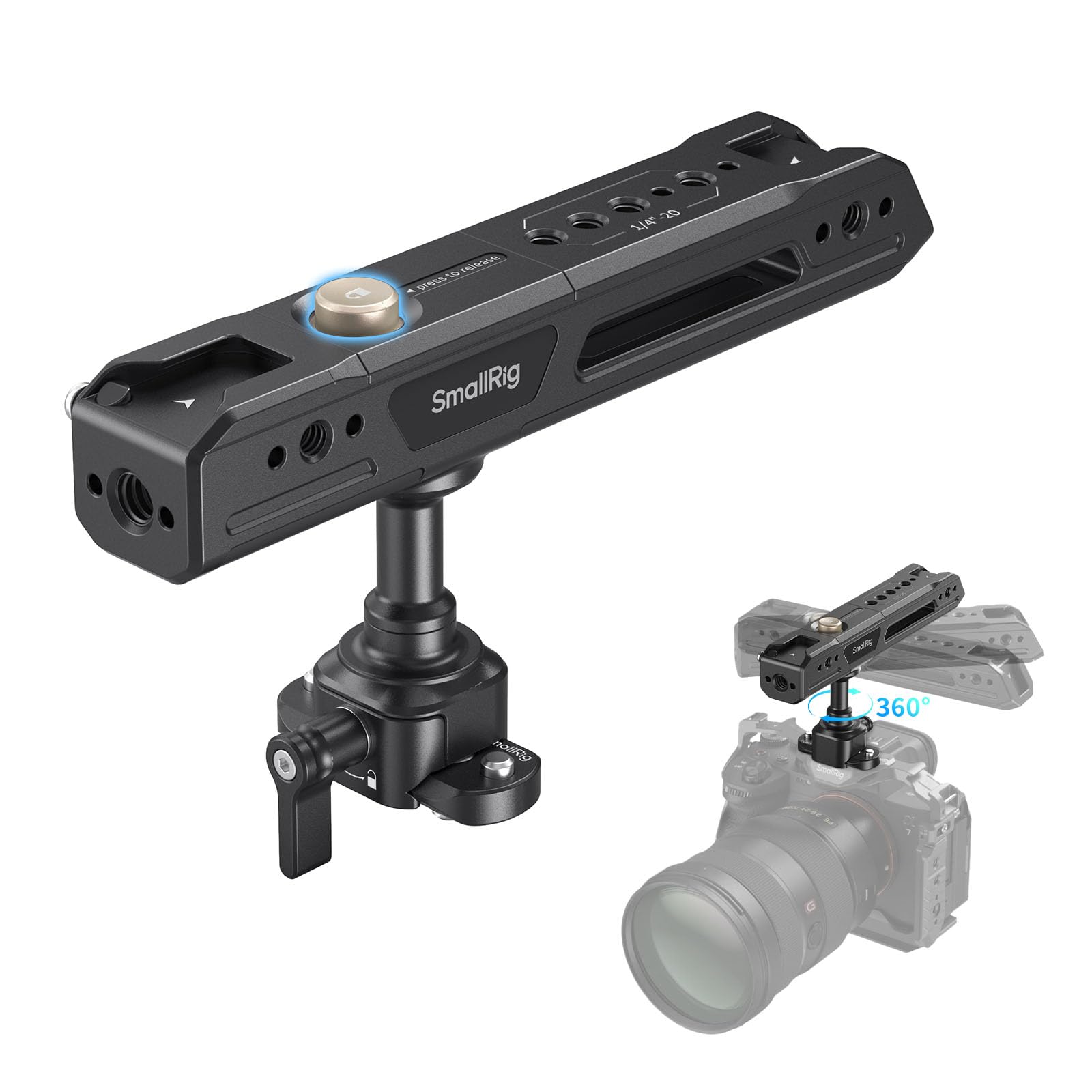 SmallRig Mango superior giratorio con pinza NATO, mango superior ligero NATO para jaula de cámara, capacidad máxima 15 kg, rotación de 360°, con soporte de garra y agujeros roscados de