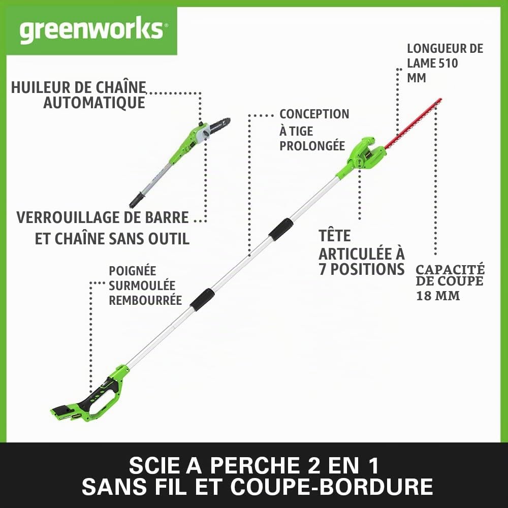 Greenworks G24PSHK2 Élagueuse et 51 cm Taille Haie à Batterie sur Perche 2 en 1 avec Bandoulière, Tronçonneuse 20 cm, Lames Double Action, Batterie 24V 2Ah et Chargeur, Garantie 3 Ans