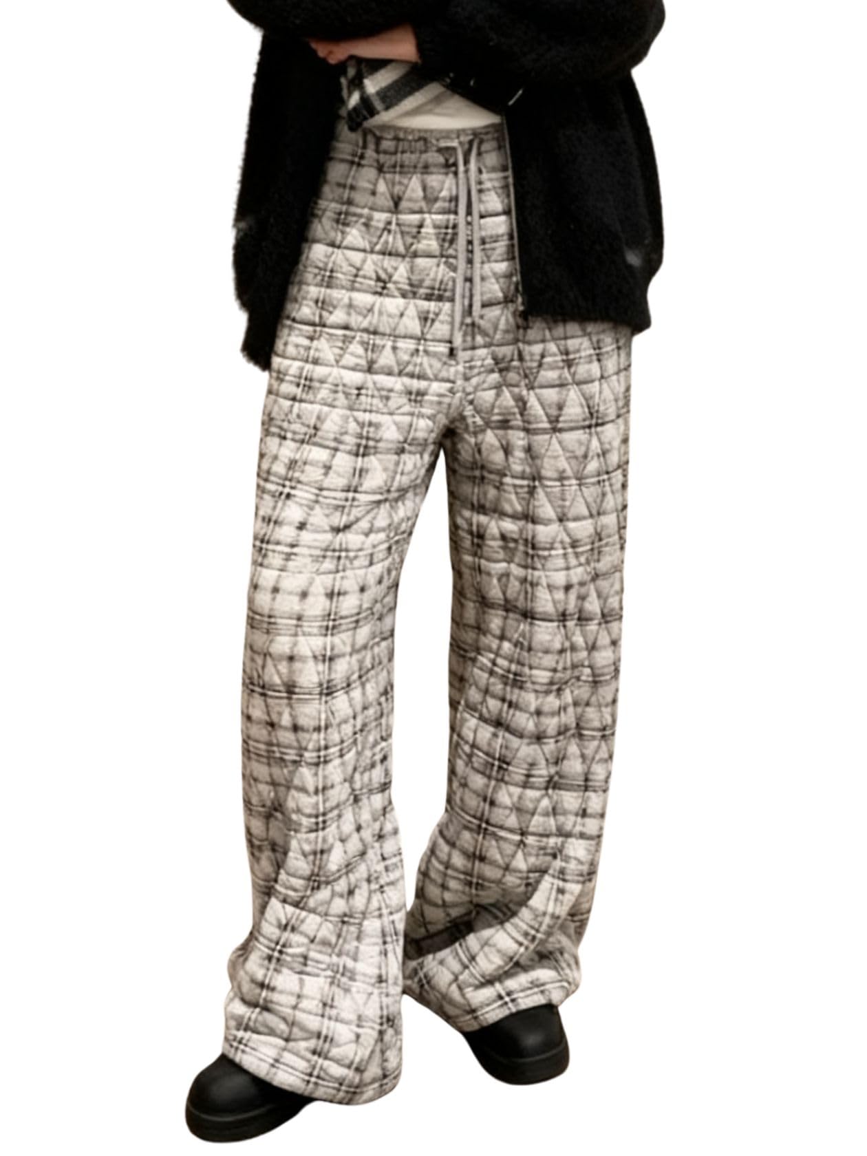 Womens Padded Quilted Pants Loose Fit Wide Leg Trousers Elastic Waist Baggy Sweatpants with Pockets