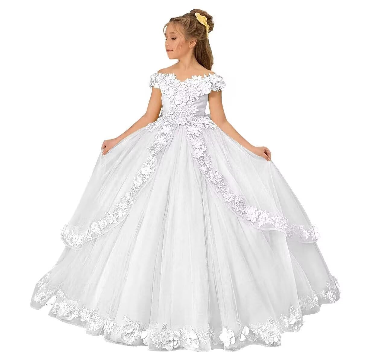 Tulle Flower Girl Dress for Girls Off Shoulder Princess Pageant Dresses 3D Floral Formal Ball Gown