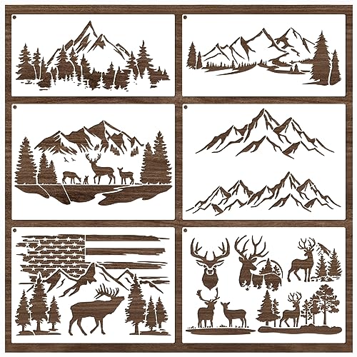 Mountain Stencils for Painting on Wood Burning Stencils and Patterns Reusable Nature Deer Tree Stencils for Crafts Canvas Furniture Wall Drawing Pattern Decorative (Mountain)