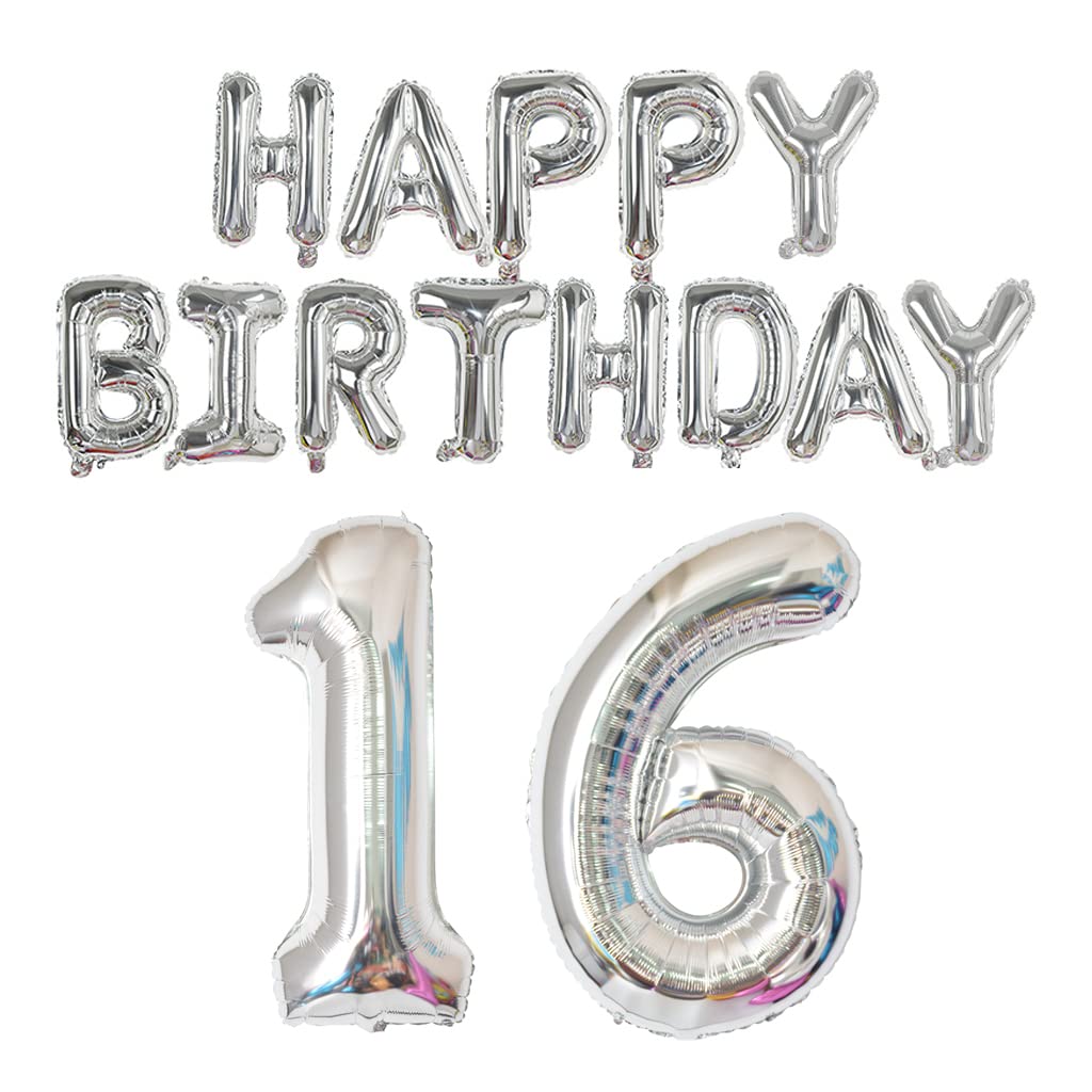 Happy Birthday Balloon Banner 40 inch 16 Balloon Number 16 Inch Happy Birthday Letters Balloons Silver Foil Mylar Balloons for 16th Birthday