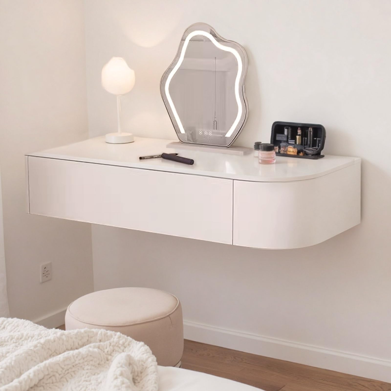 Amazon.com - Floating Vanity Makeup Table White Wall Mounted Dressing Table  Dresser With Mirror Floating Corner Desk For Bedroom Hanging Desk With  Drawers Small Space Vanity With Lighted Mirror Shelf Wall-mounted(