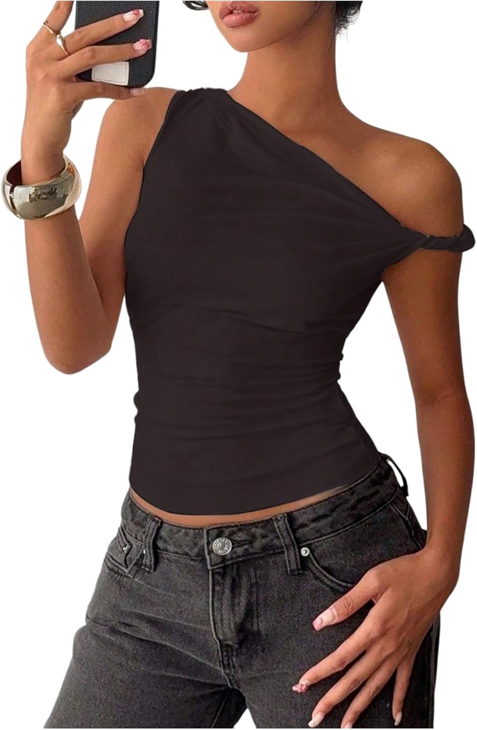 SOLY HUX Women's Off The Shoulder Tops Sleeveless Summer Asymmetrical Ruched Fitted Tank Shirts