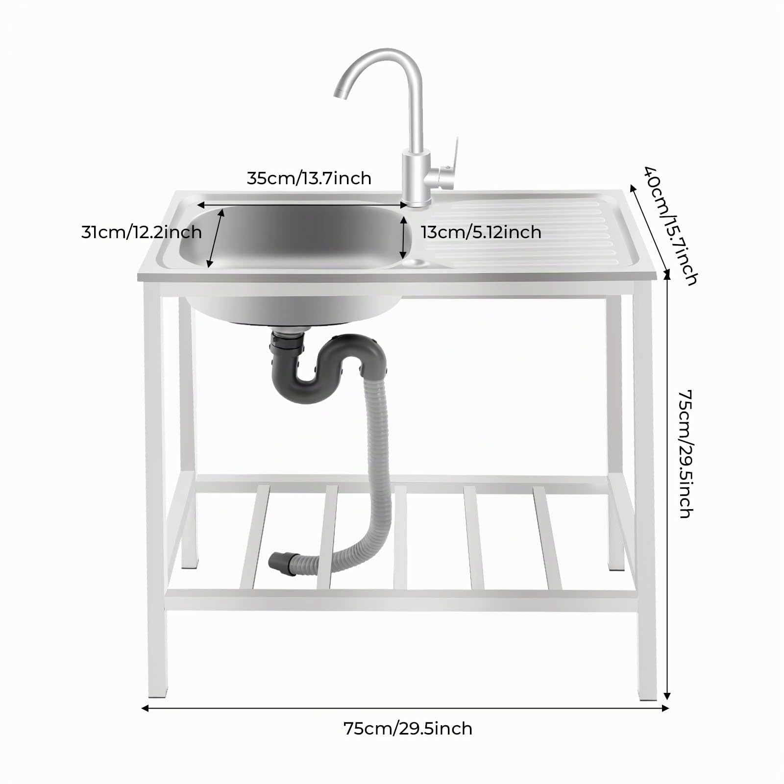 Outdoor Spüle Freistehend Waschbecken, Edelstahl Spültisch Küchenspüle 1 Becken mit Warm- und Kaltwasserhahn & Unterschrank, Spülenschrank mit Arbeitsplatte für Restaurant, Küche, Garage