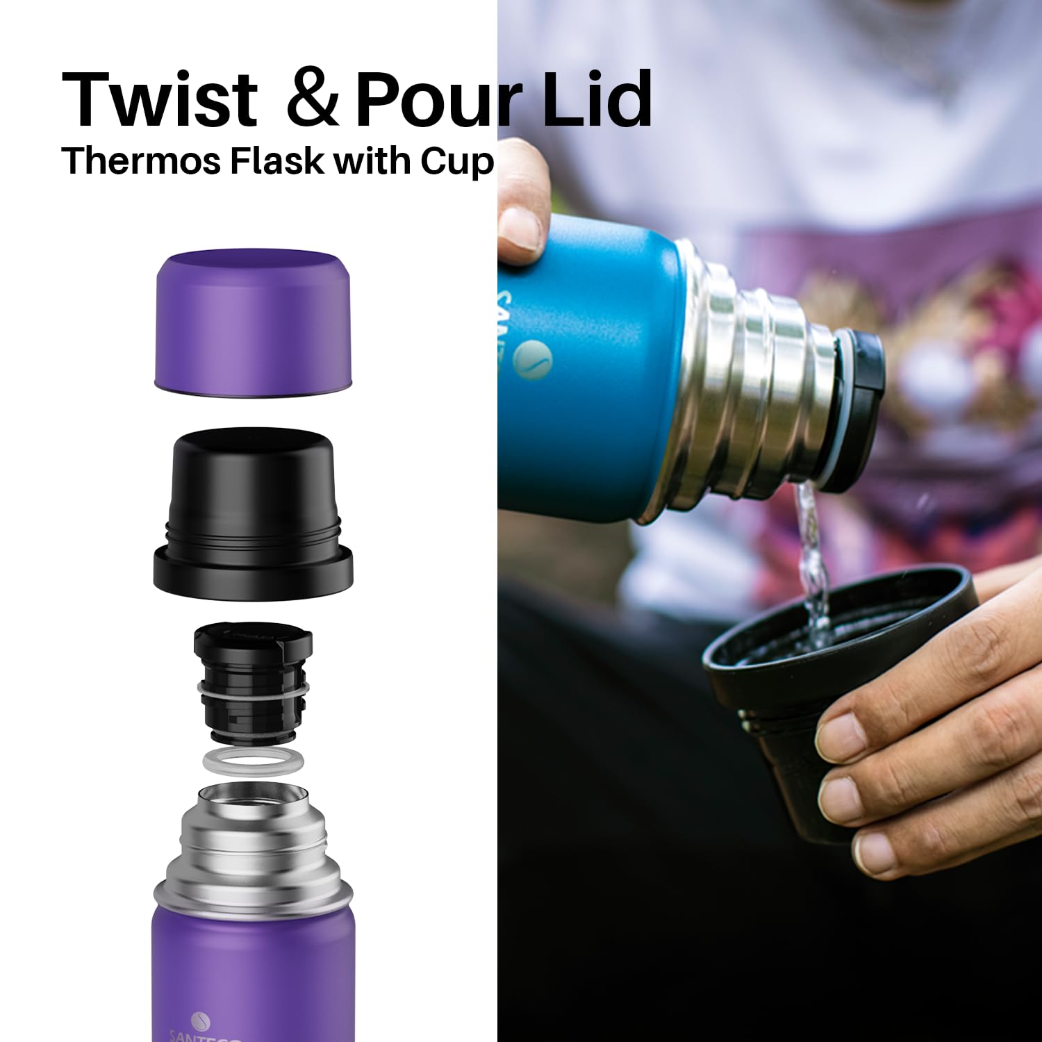 SANTECO Borraccia Termica, Termos Caffè in Acciaio Inox Doppia Mantiene le bevande fredde per 24 ore e calde per 12 ore, Bottiglia thermos a prova di perdite, senza BPA(Lavanda, 1000ML)