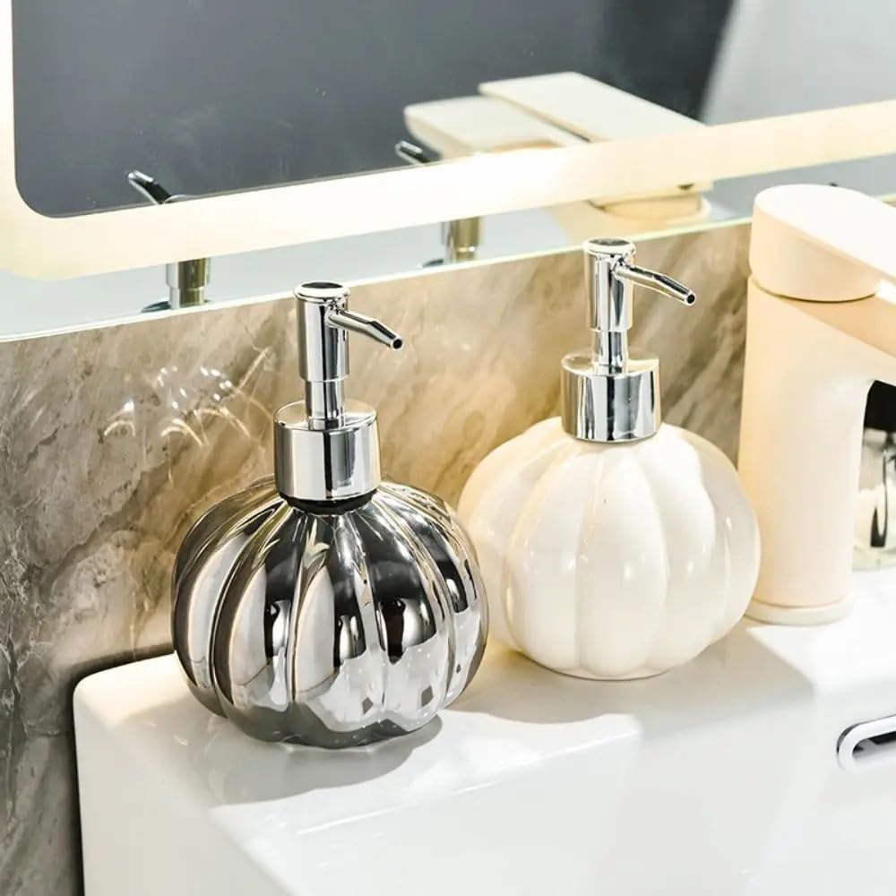Dispenser di Schiuma in Ceramica a Forma di Zucca, Accessori, Elegante flacone con Pompa da 350 ml per Lavanderia (Argento)