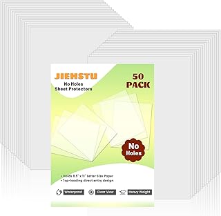 50 Pack No Holes Clear Sheet Protectors, Letter Size 8.5 x 11 Inch, Plastic Sheet Sleeves, Top Loading Paper Protector, Archival Safe for Documents and Photos