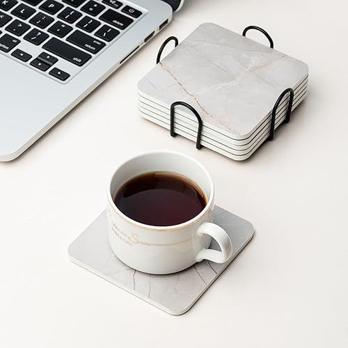 Miniatura 6 de Ll.TOPWP 6 posavasos de madera para bebidas con soporte, posavasos cuadrados con patrón de superficie de jade, posavasos para mesa de café,