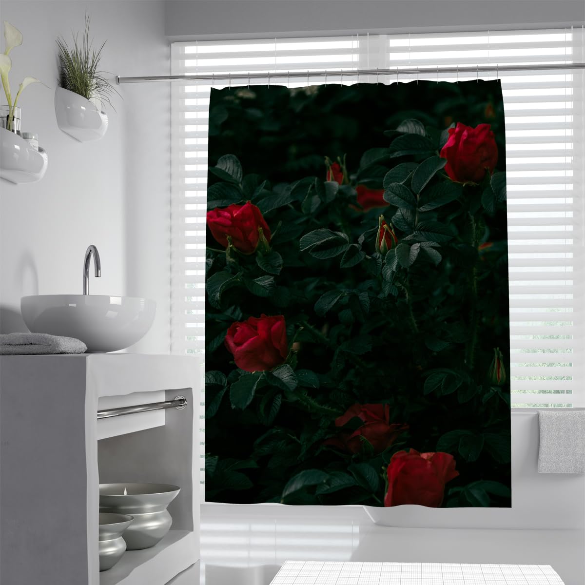 UIRINGART Dark Red Rose Bush Bath Curtain W120xL200cm Romantic Goth Floral Foliage Waterproof Anti Mould Bathtub Screen with Hooks