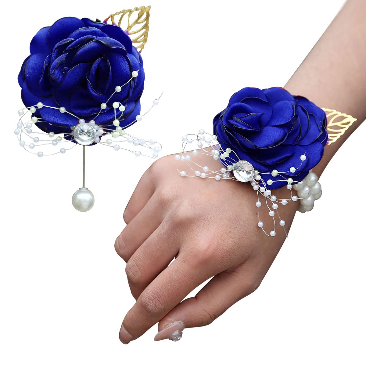 Loiuejx Diamond Pearl Beads Silk Rose Wrist Flower and Boutonniere for Wedding Party (Royal Blue)
