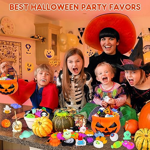 50PCS Halloween Mochi Squishy Toys with Halloween Pumpkin Bucket Halloween Party Favors Trick or Treat Goodie Bag Filler Halloween Decorations Kawaii Squishy Halloween Toys Gifts for Boy Girl Random2