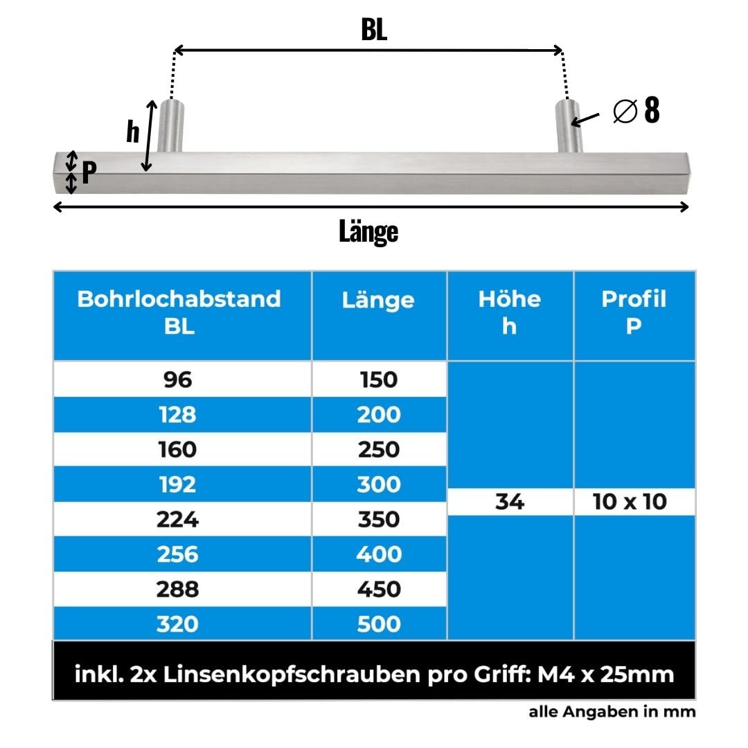 Stahlia Möbelgriffe Edelstahl 320 mm Bohrlochabstand Schrankgriffe silber (10 Stück) Küchengriffe 10x10mm Schubladengriffe Handgriff Relinggriff Stangengriff