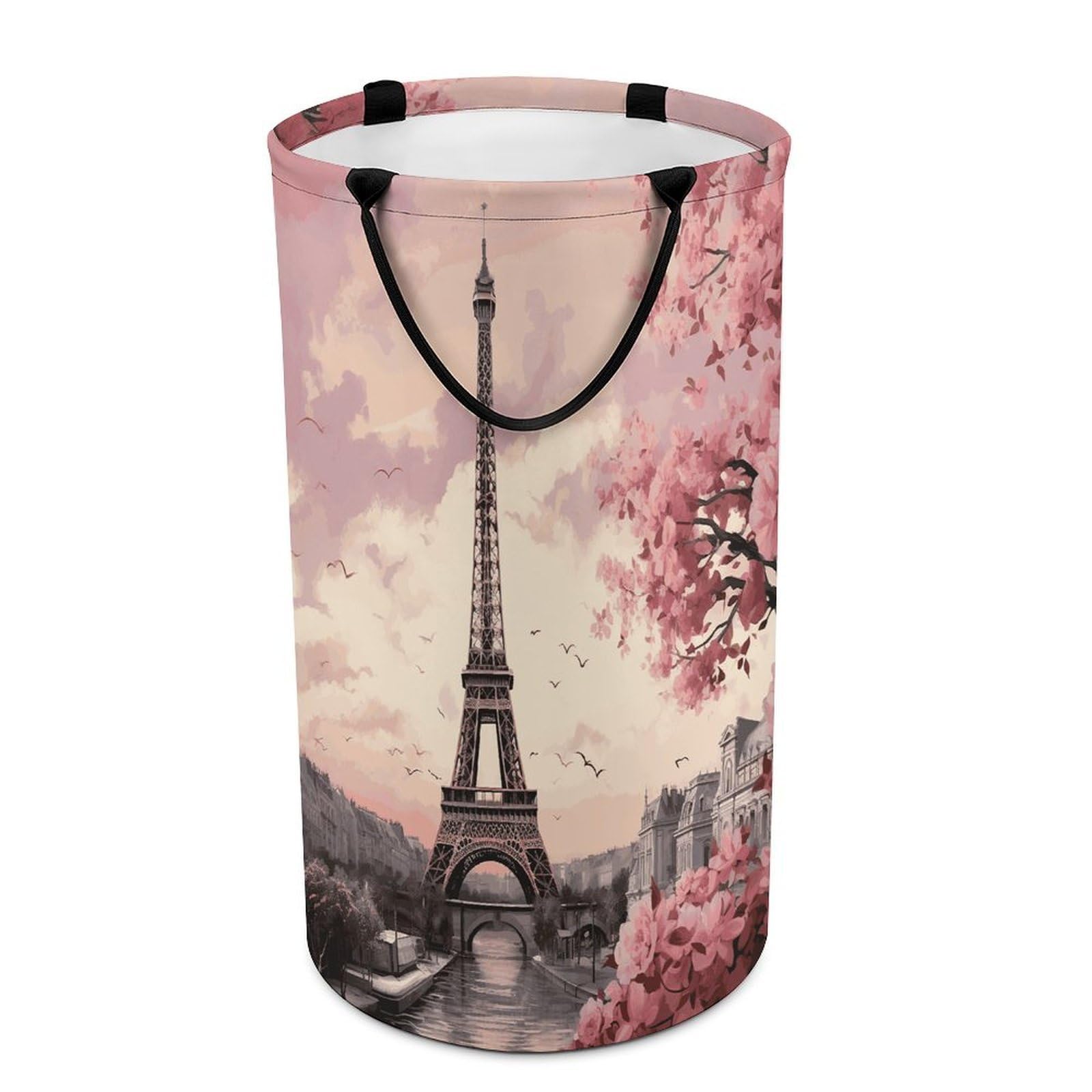Romantic Paris Tower Laundry Hamper Waterproof Polyester Laundry Baskets Collapsible Dirty Clothes Storage Basket Clothes Hampers with Sturdy Handles for Travel Bedroom