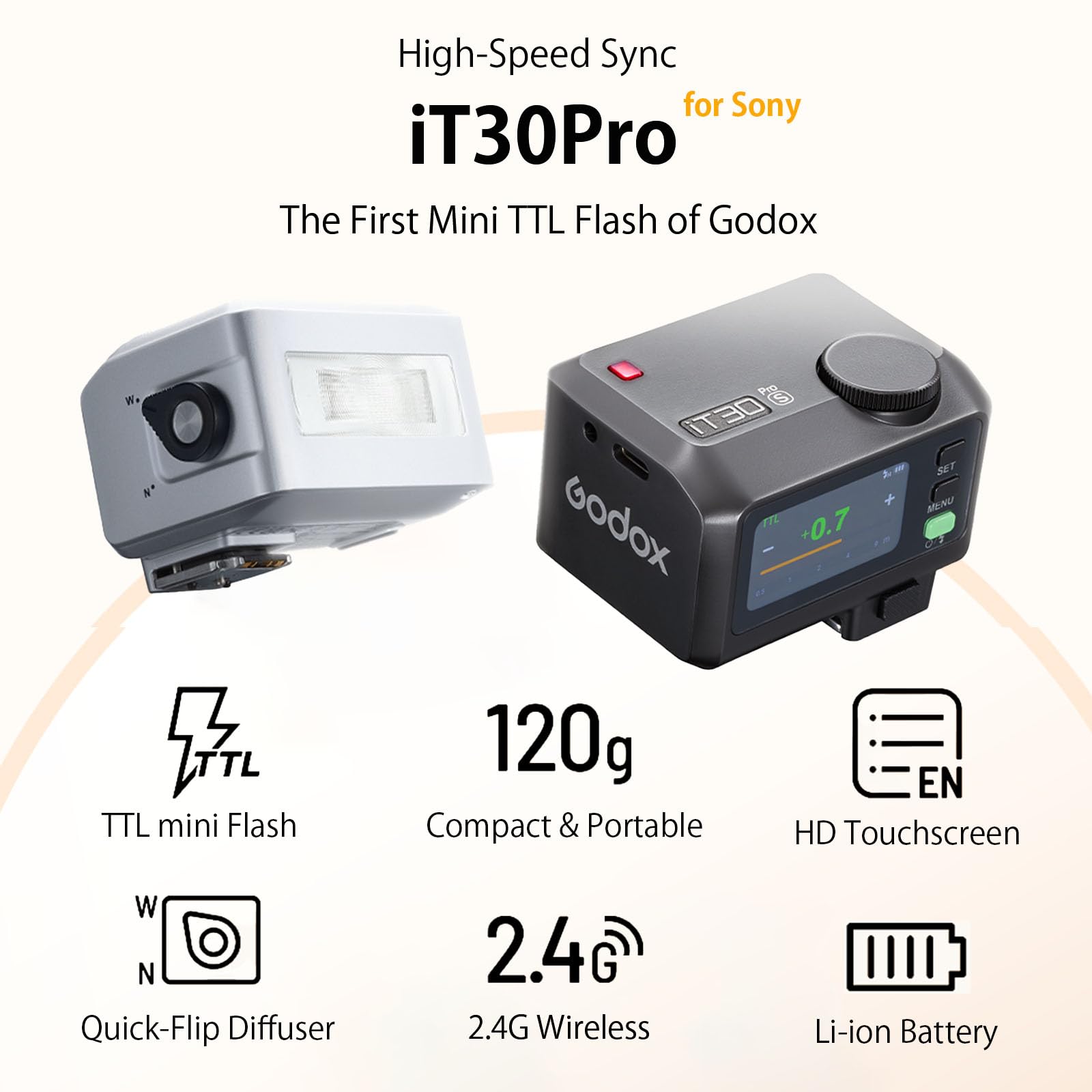 Godox IT30 Pro F TTL Mini Flash For Fujifilm Cameras - Built-in Diffuser, HSS 1/8000s, 2.4G Wireless Master/Receiver