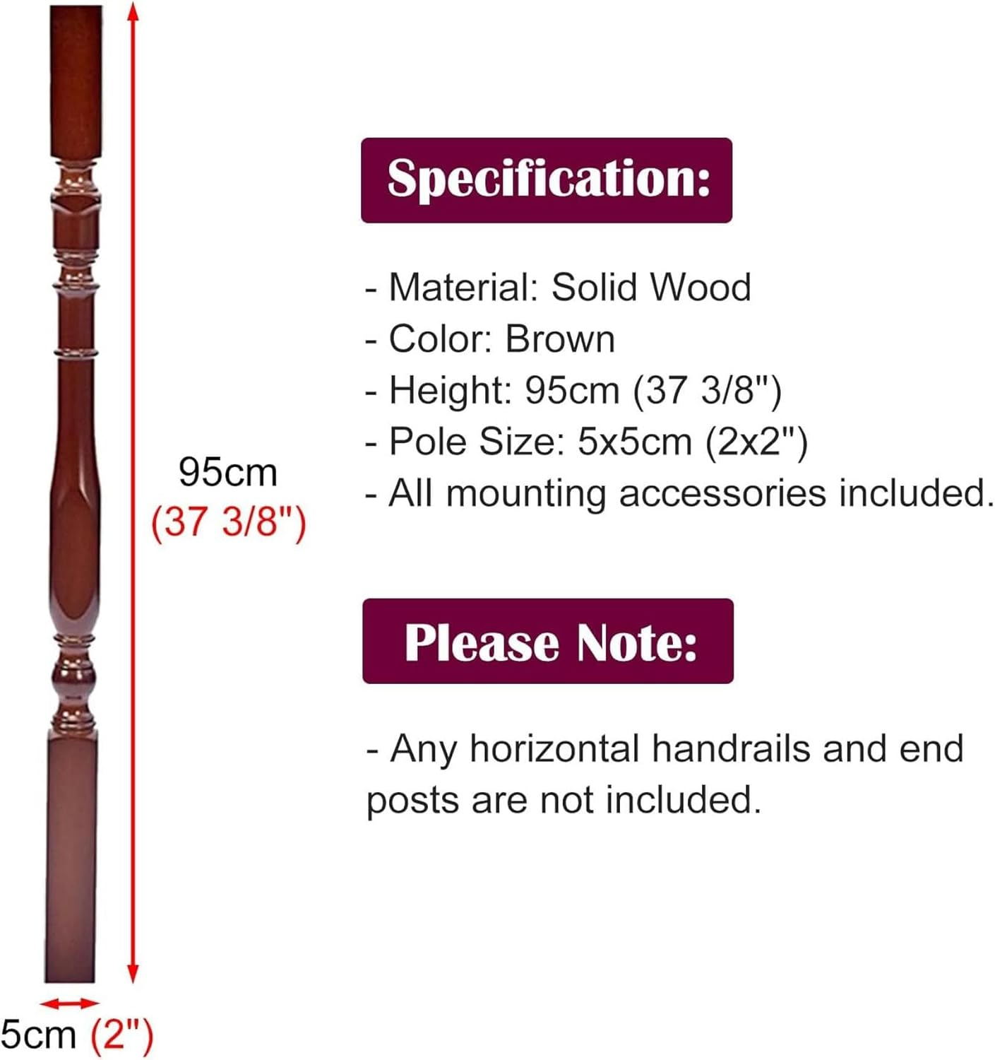 Stair Balusters, Wood Stair Railing Spindle Post, Decorative Staircase Handrail Column Replacement, 95cm High Interior Deck Balusters with Mount Fittings