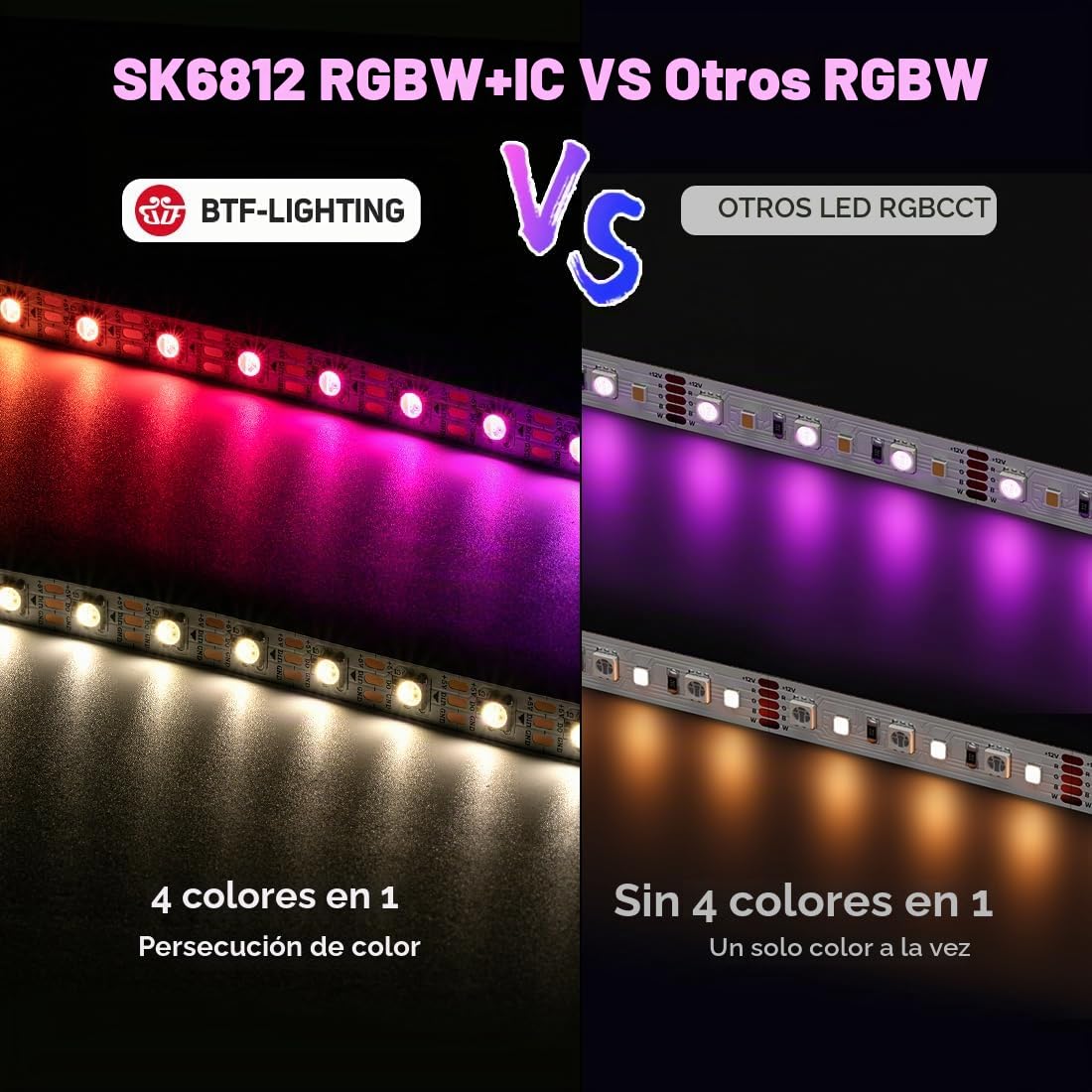 BTF-LIGHTING RGBW RGBWW Warm White SK6812 (WS2812B similar) 16.4ft 5m 60leds / pixels/m Direccionable Individualmente 4 colores en 1 LED Color Dream Strip LED No Impermeable IP30 DC5V Black PCB