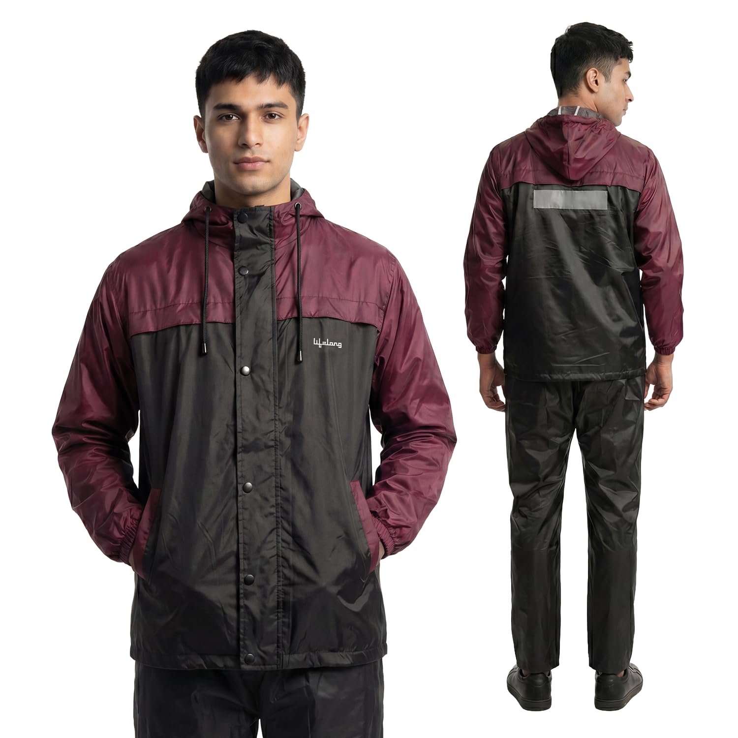 Lifelong Men's Raincoat Set | Waterproof Polyester Double-Coated Reversible Rain Suit | Hooded Jacket with Inner Mobile Pocket & Pants | Standard Length for Hiking, Camping L-picture-38