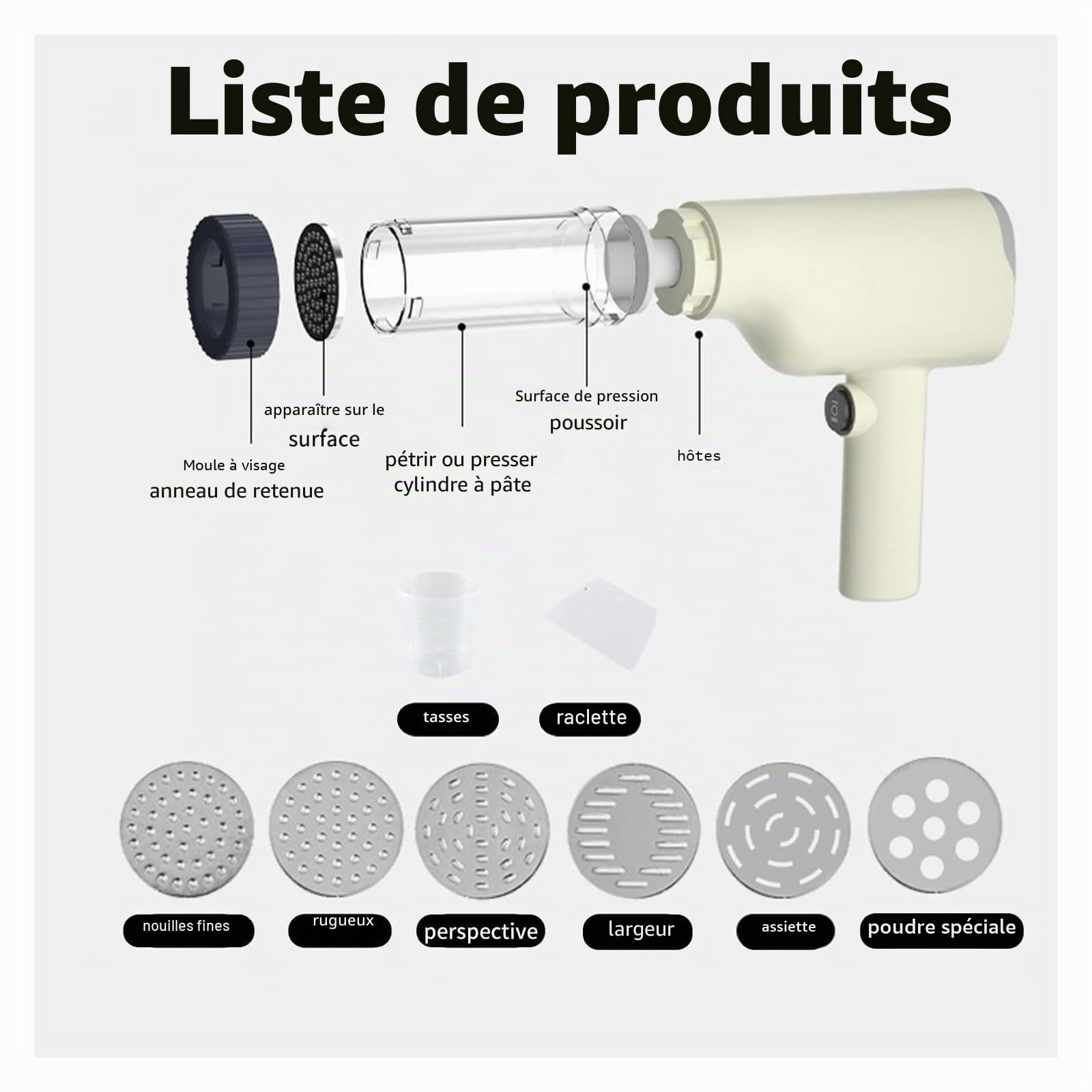 Idiyappam Machine à pâte électrique et machine à pâtes sans fil portable, 6 en 1, outil de cuisine multifonction pour idiyappam, pâtes et nouilles maison (blanc)