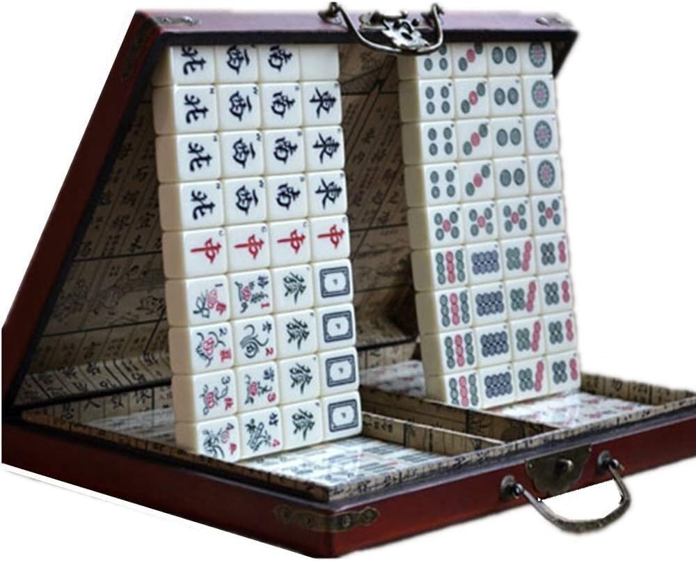 Pakiet gier Zestaw Mahjong Przenośny Zestaw Do Gry Mahjong Antyczny z Drewnianą Etui Podróżny Rodzinny Mahjong