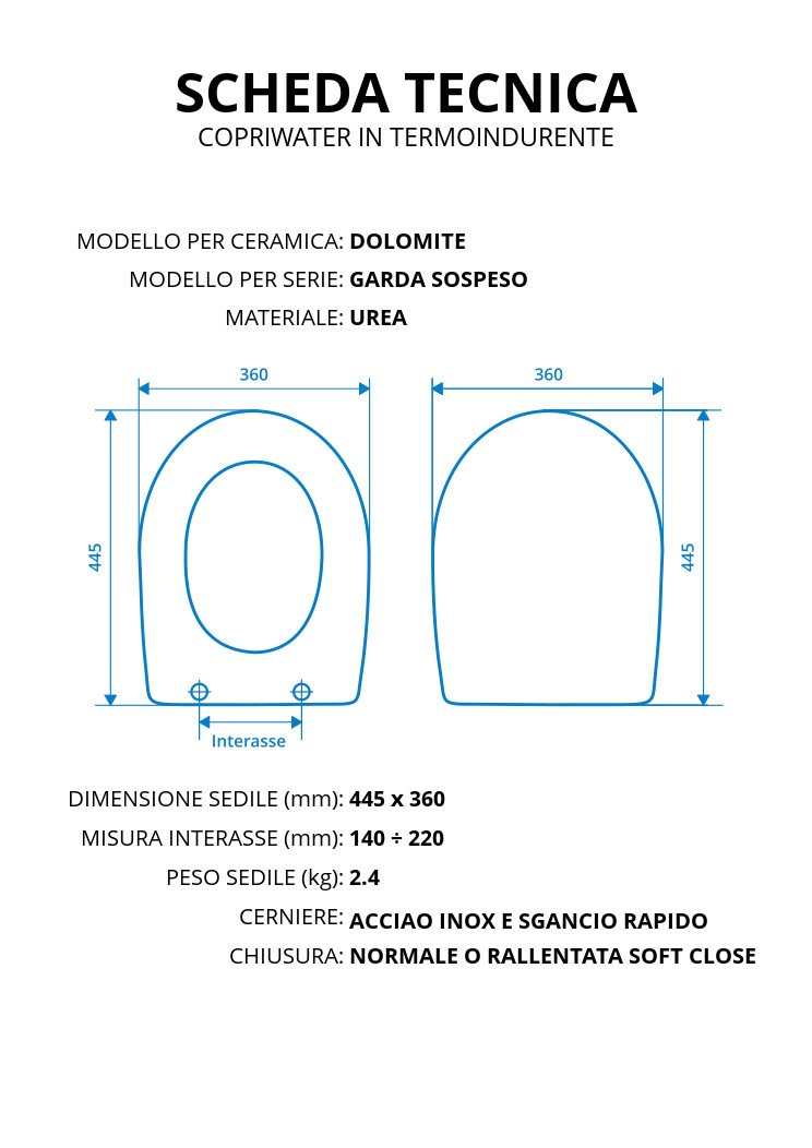 Copriwater per DOLOMITE GARDA SOSPESO TERMOINDURENTE BIANCO cerniera inox normale o rallentata soft close
