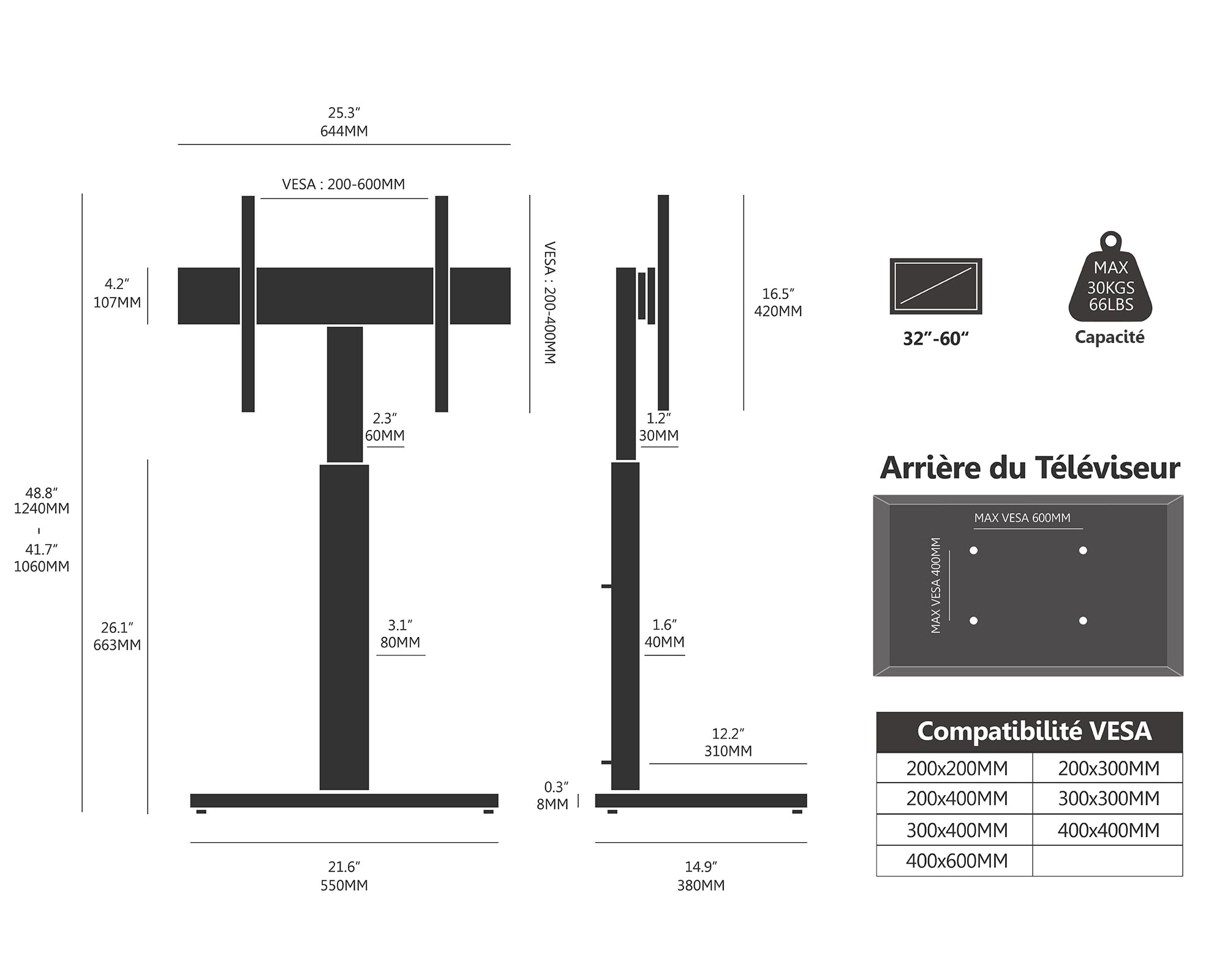 FITUEYES Support TV sur Pied pour TV de 32 à 60 Pouces, Pied TV Réglable en Hauteur jusqu'à 30 kg Max VESA 600 x 400 mm, Blanc
