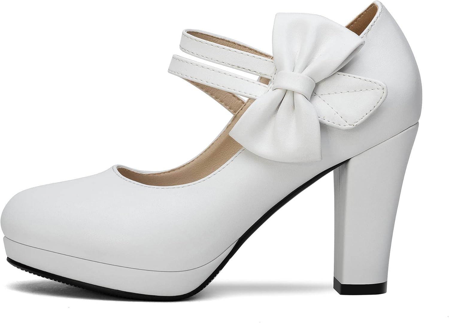 100FIXEO Chic Block High Heel Mary Jane Shoes Women Heels and Pumps Ladies Sweet Ankle Strap Dress Pumps Hook and Loop Bow Heels Closed Toe