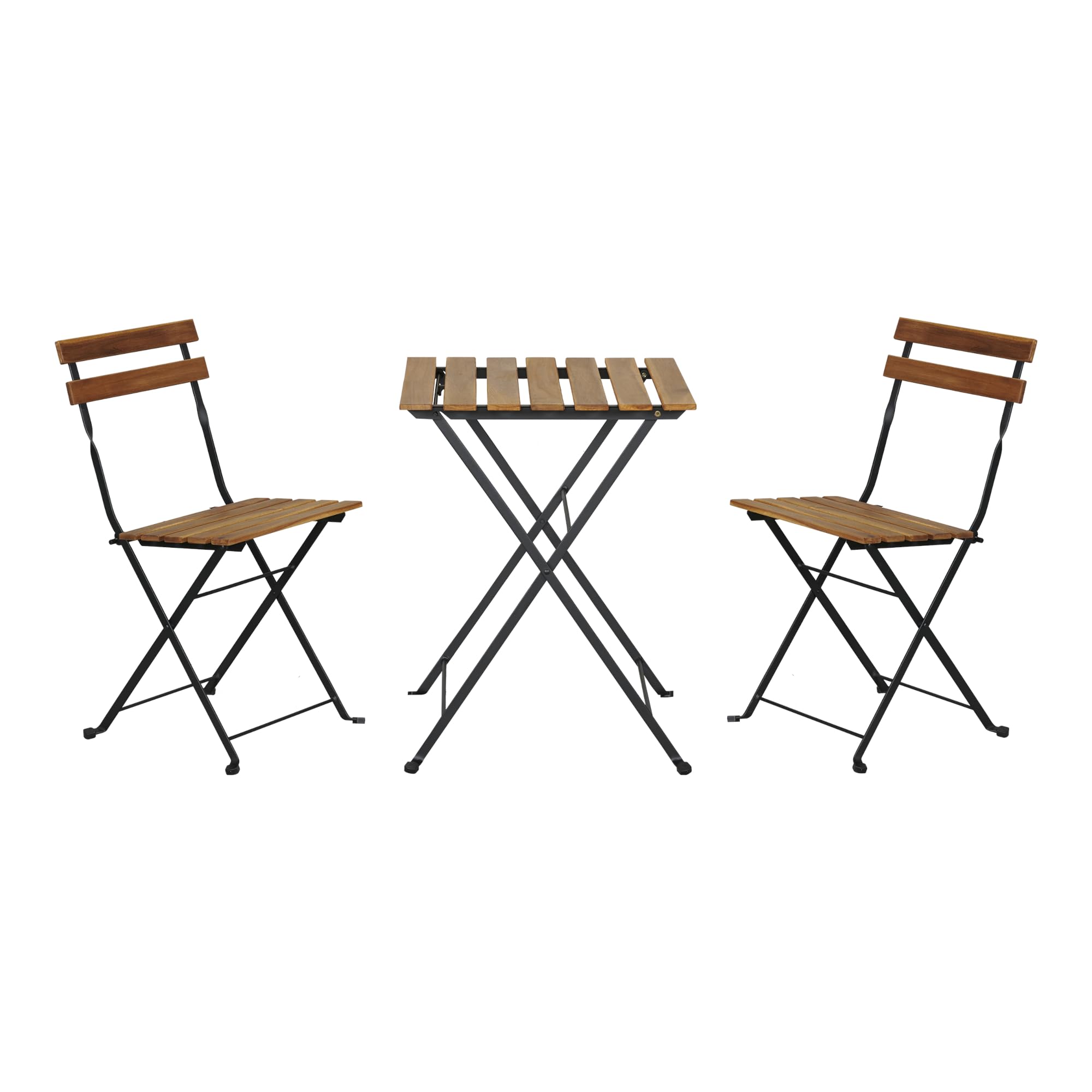 Set de Bistrot 3 Pièces Table et 2 Chaises Pliantes Meuble Jardin Balcon Patio Terrasse Acier Laqué Bois d'Acacia Noir Capacité 110 kg