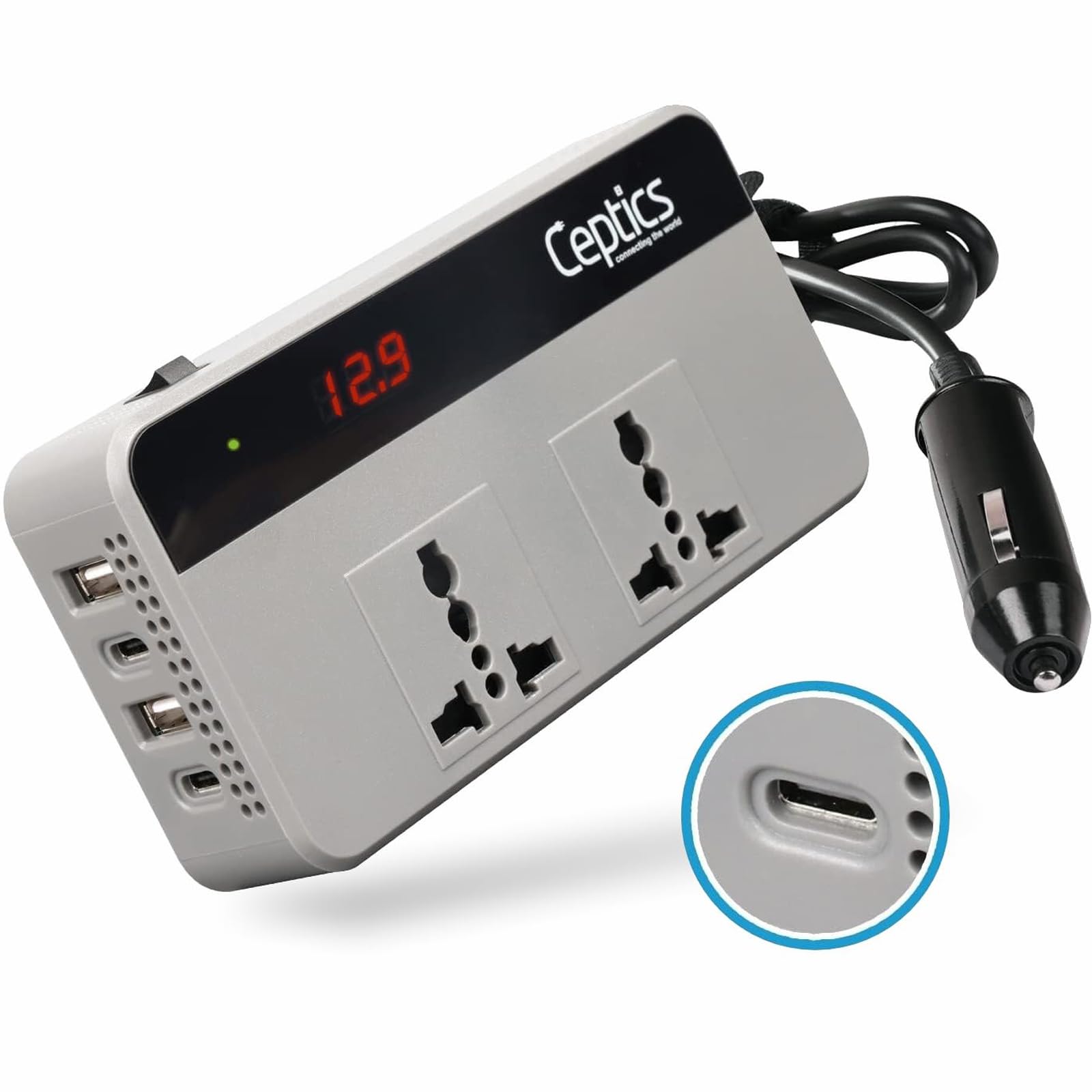 Ceptics 200W Car Laptop Charger/Power Inverter with 2 x Type A and 1 x Type C PD 18W Smart USB Charging Ports - 12V DC to 220V AC, 9.6A with QC3.0-2X Universal AC Outlet, Grey Color-18 Months Warranty